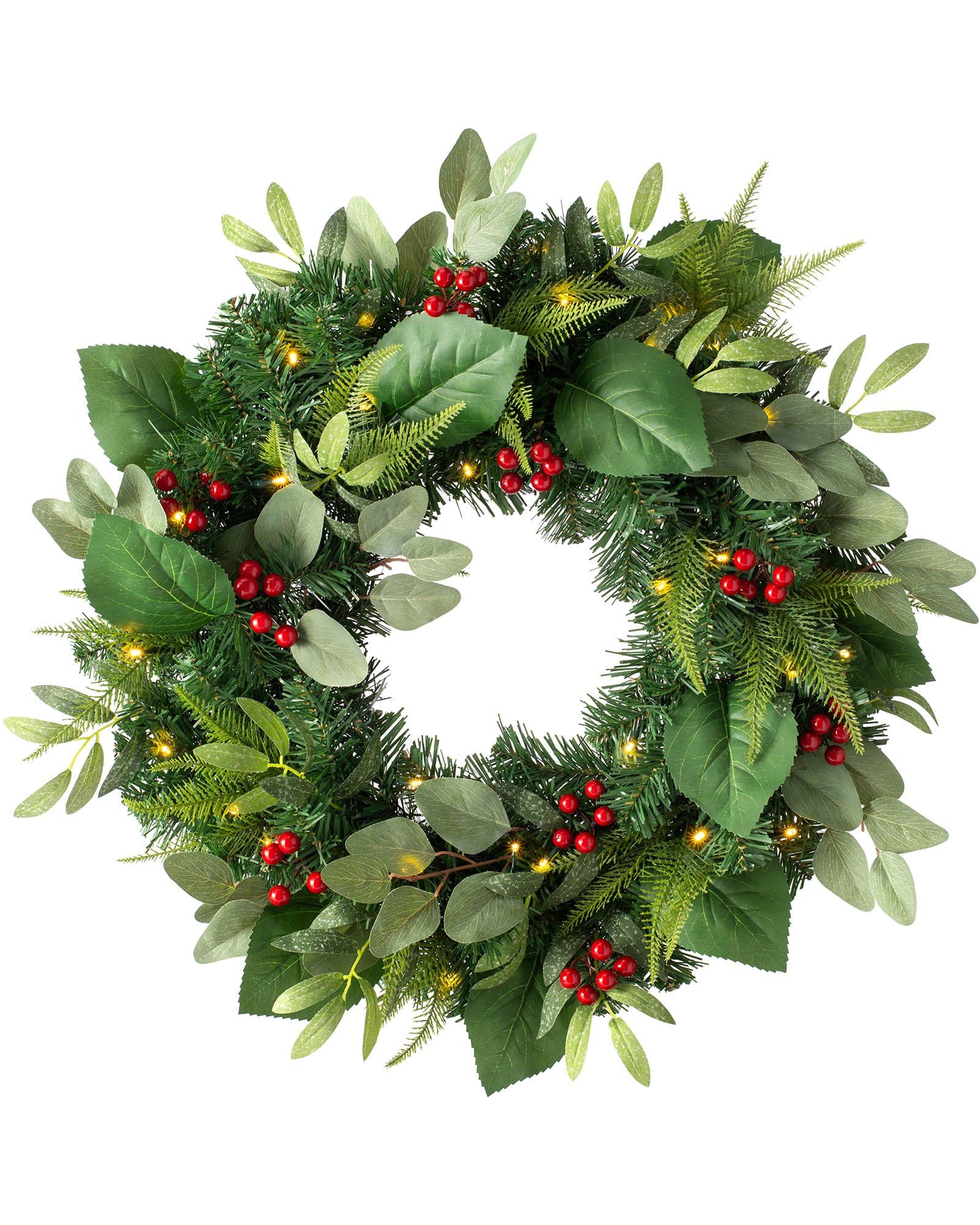 WeRChristmas Pre-Lit Eucalyptus and Berry Decorated Wreath with LED Lights, Green, 60 cm