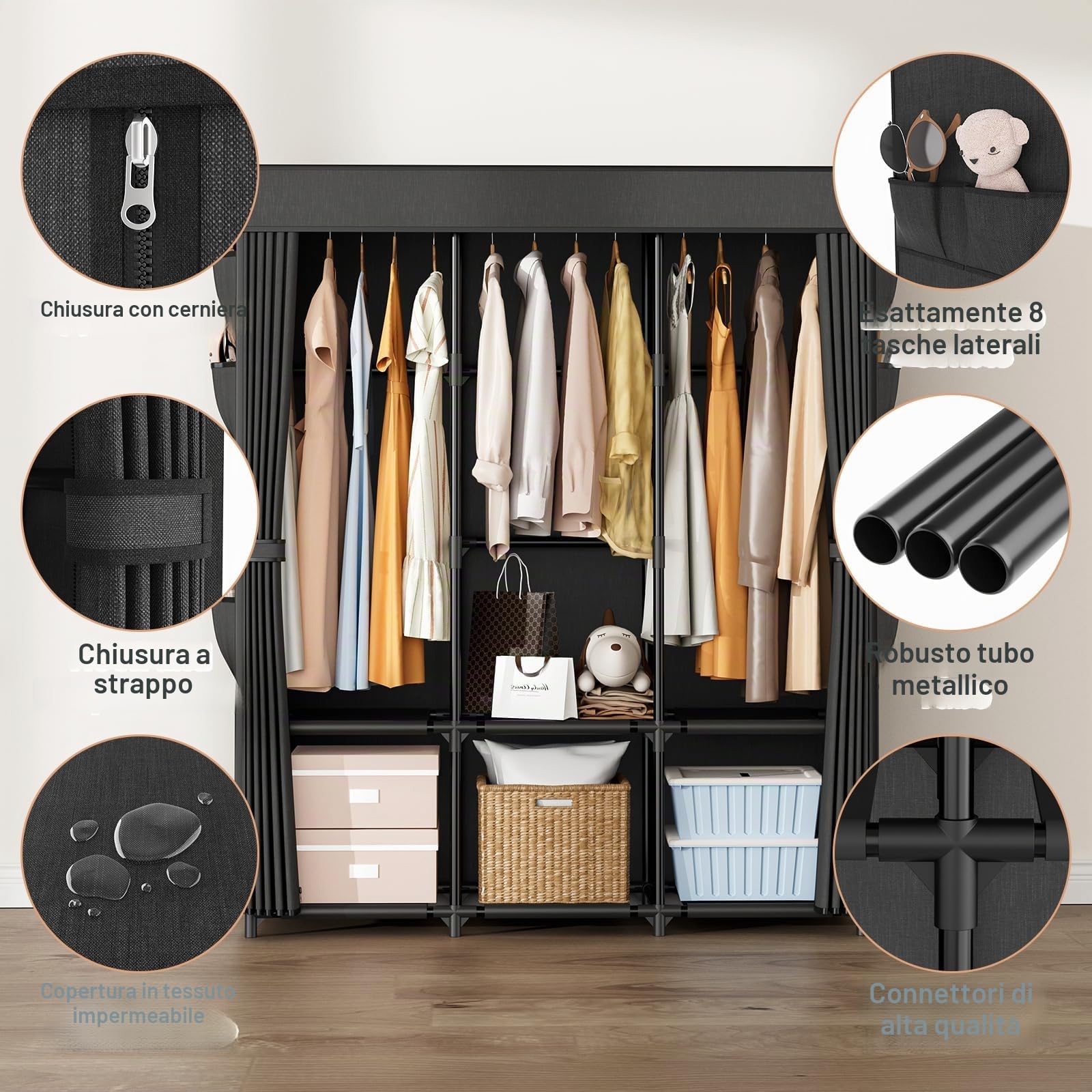 Vicye Armadio in Tessuto, Guardaroba Grande da 3 Barra Appendiabiti, 3 Ripiani e 8 Tasche Laterali, Armadio Camera da Letto con Copertura, Armadio Pieghevole per Spogliatoio 125 x 42,5 x 160 cm Nero