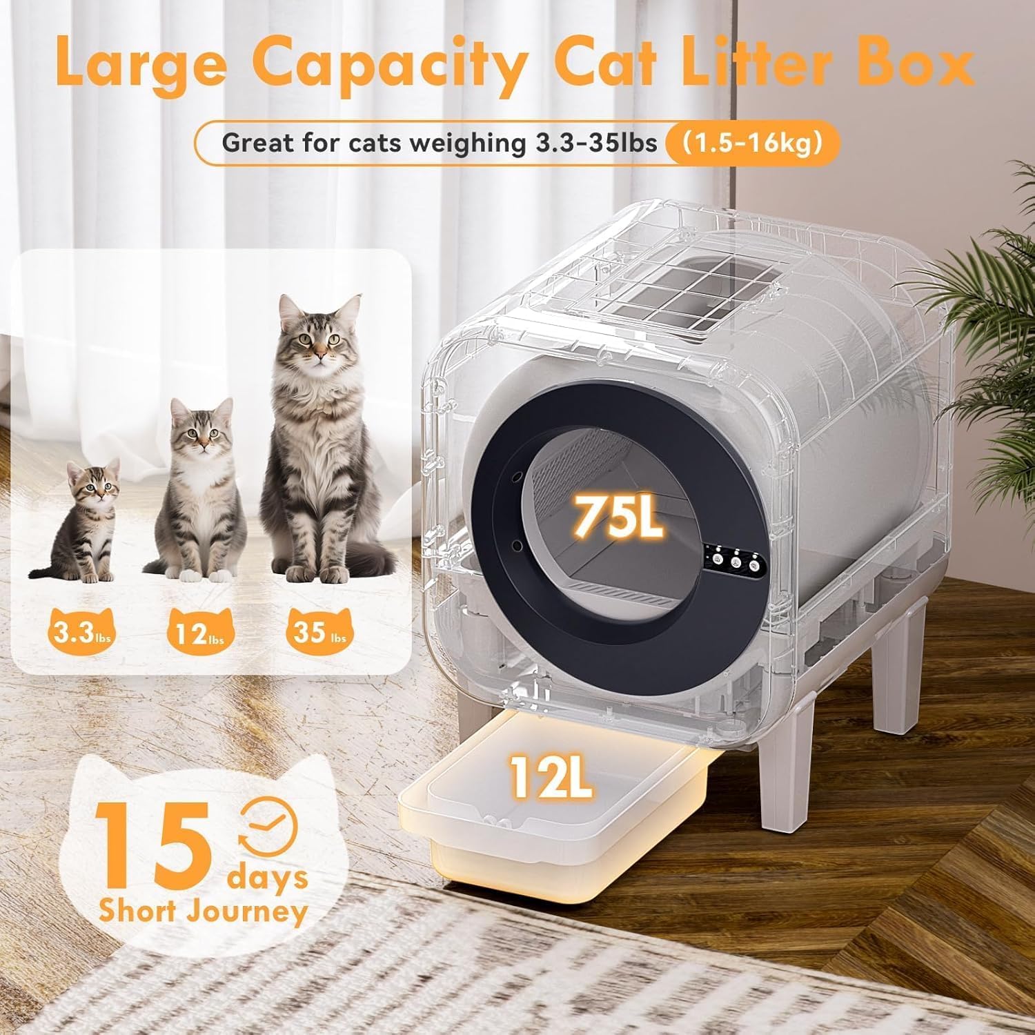 Automatic Cat Litter Box, Self Cleaning Litter Box with App Control, 75l Large Cat Litter Boxs for Multi-Cat Homes, Infrared & Weight Sensors, Odor Eliminator, Easy Cleaning, 20 Trash Bags, Black