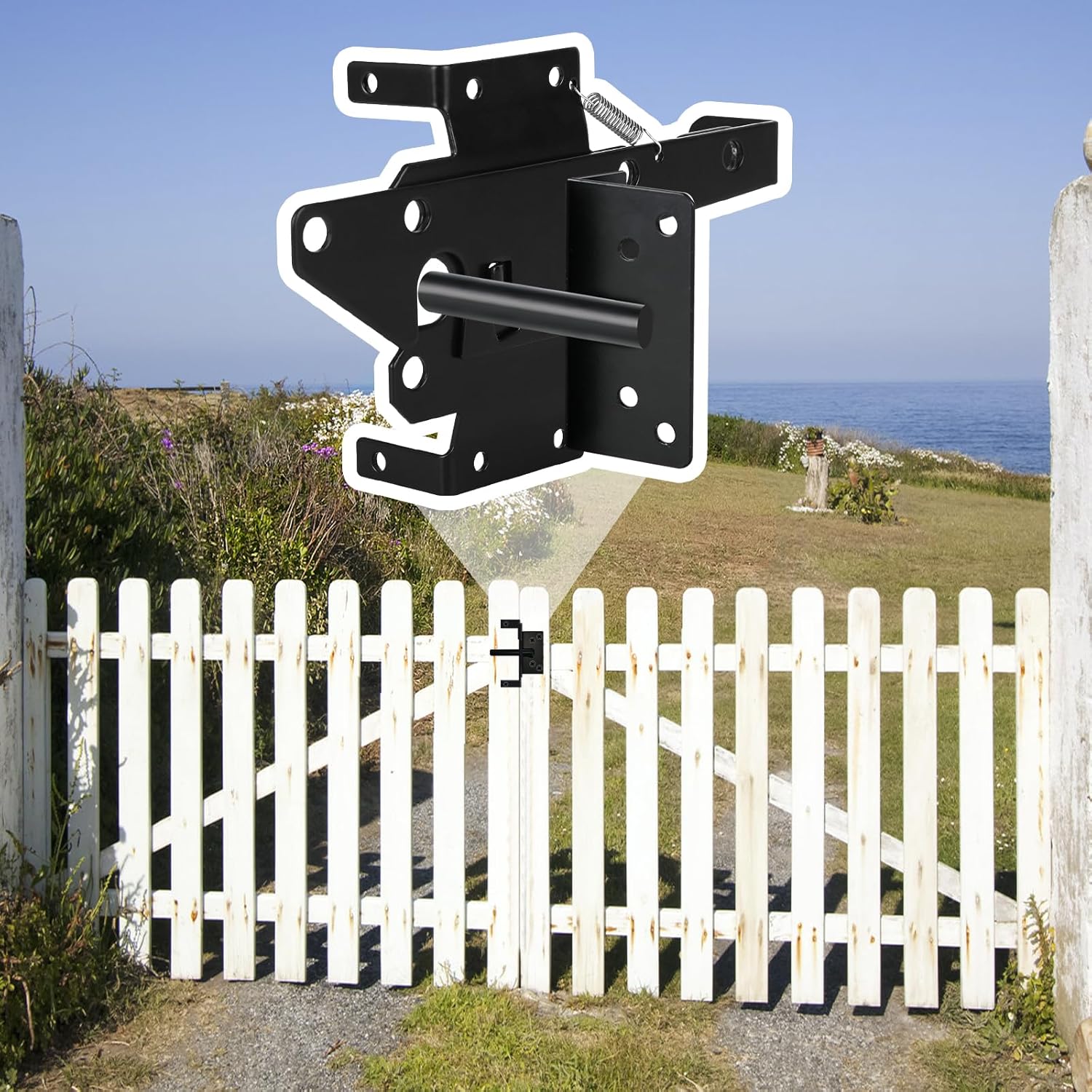 Self-Locking Gate Latch – Heavy-Duty Post Mount Automatic Lock for Wood/PVC Fence Gates Includes Fasteners – Secure Locking Hardware for Pool, Yard, Garden, Outdoor Use-1p&2p (2, Black)