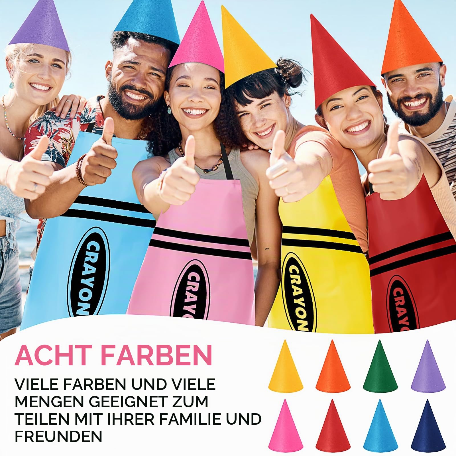 8-teiliges Buntstift Kostüm Set für Erwachsene, Crayon Schürzenset Lustige Kostüm-Schürze mit Hut für Party, Karneval, Geburtstag, Gruppenaktivitäten & Mottoparty
