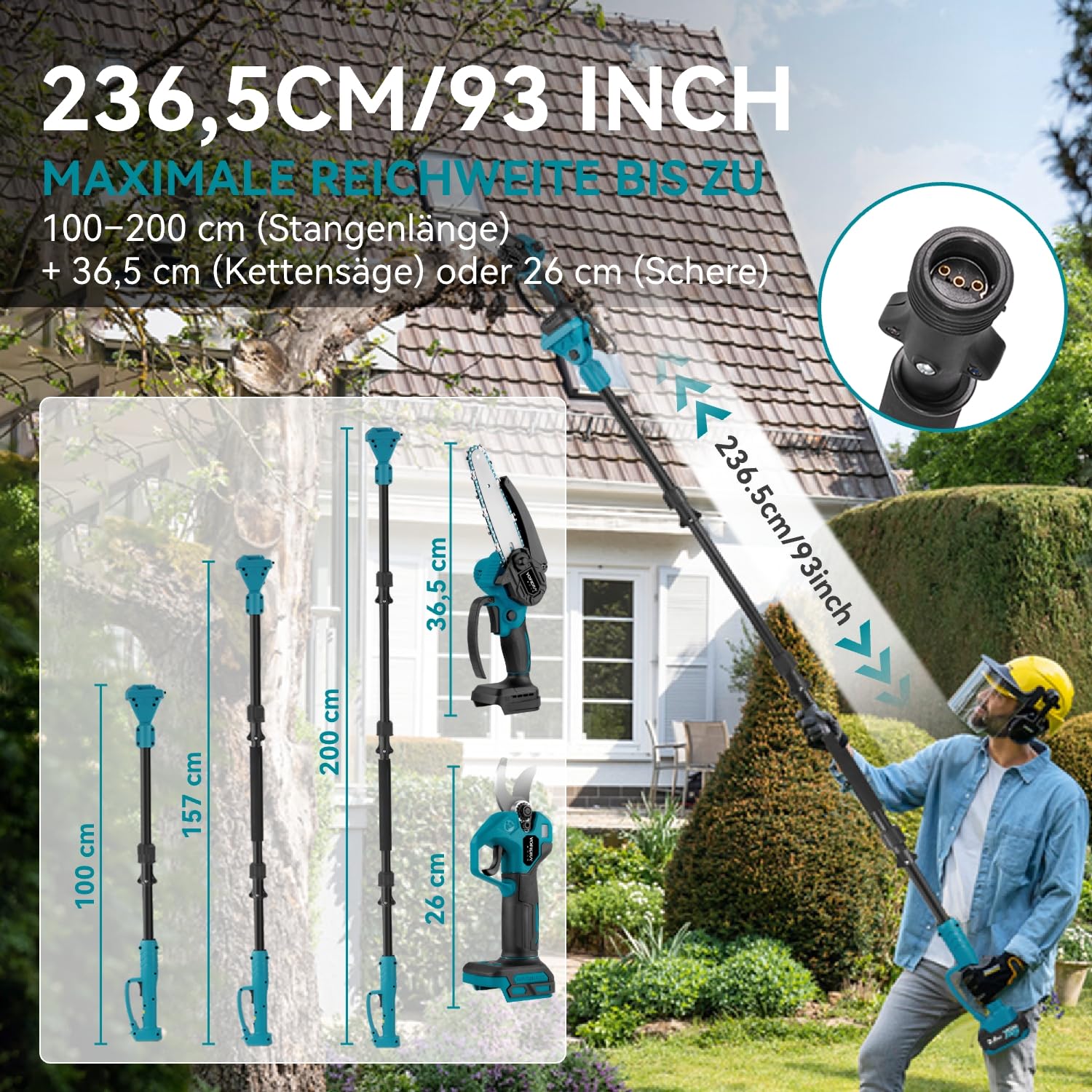 Yofidra 4-IN-1 Akku Hochentaster Kettensäge & Astschere mit Teleskop - Bürstenlos 25mm Baumschere, 6 Zoll Mini Kettensäge, mit 200cm Teleskopstange, 180° Einstellbarer Winkel, 2 x 3.0Ah Akkus, blau