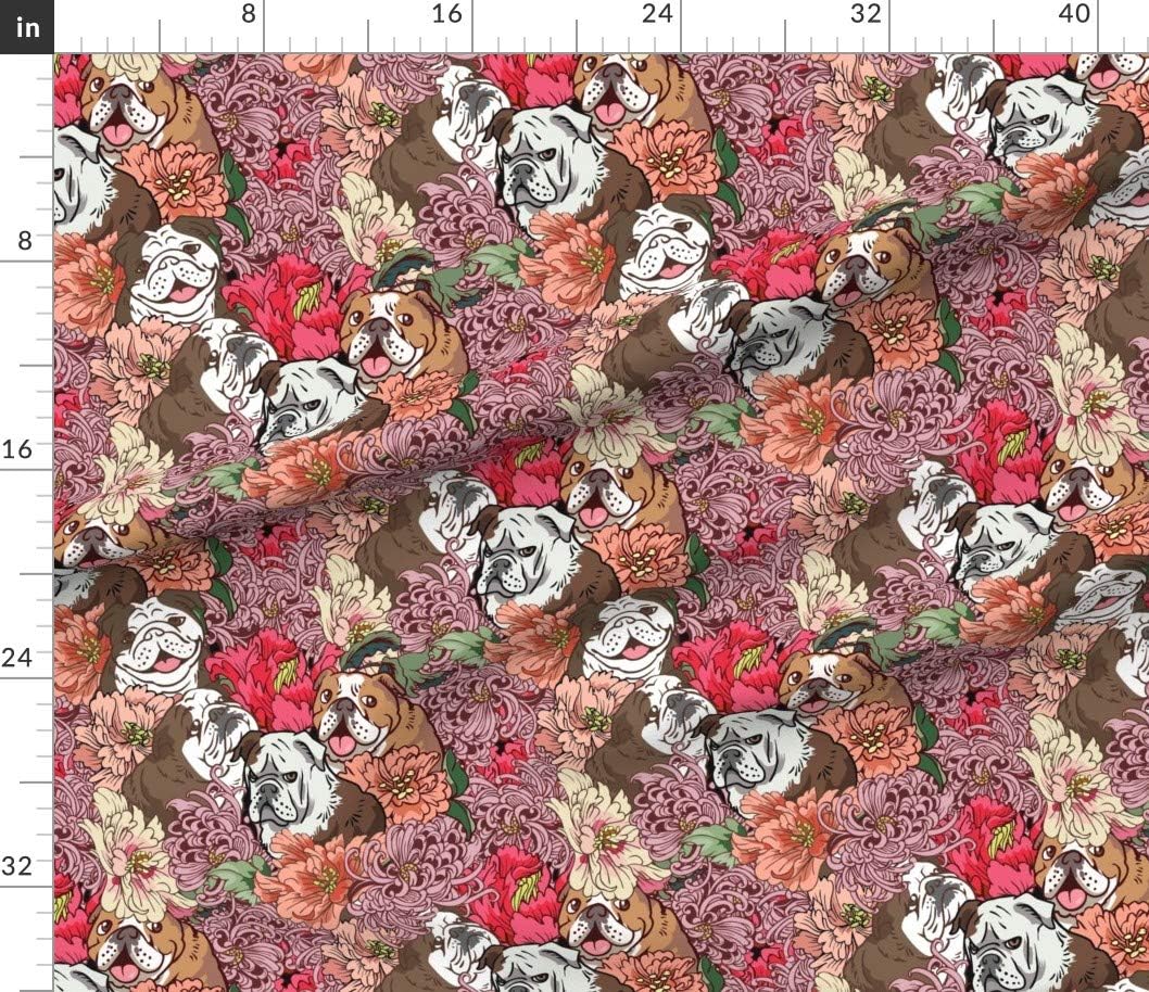 Spoonflower Fabric - English Bulldog Flowers Floral Cartoon Printed on Petal Signature Cotton Fabric by The Yard - Sewing Quilting Apparel Crafts Decor