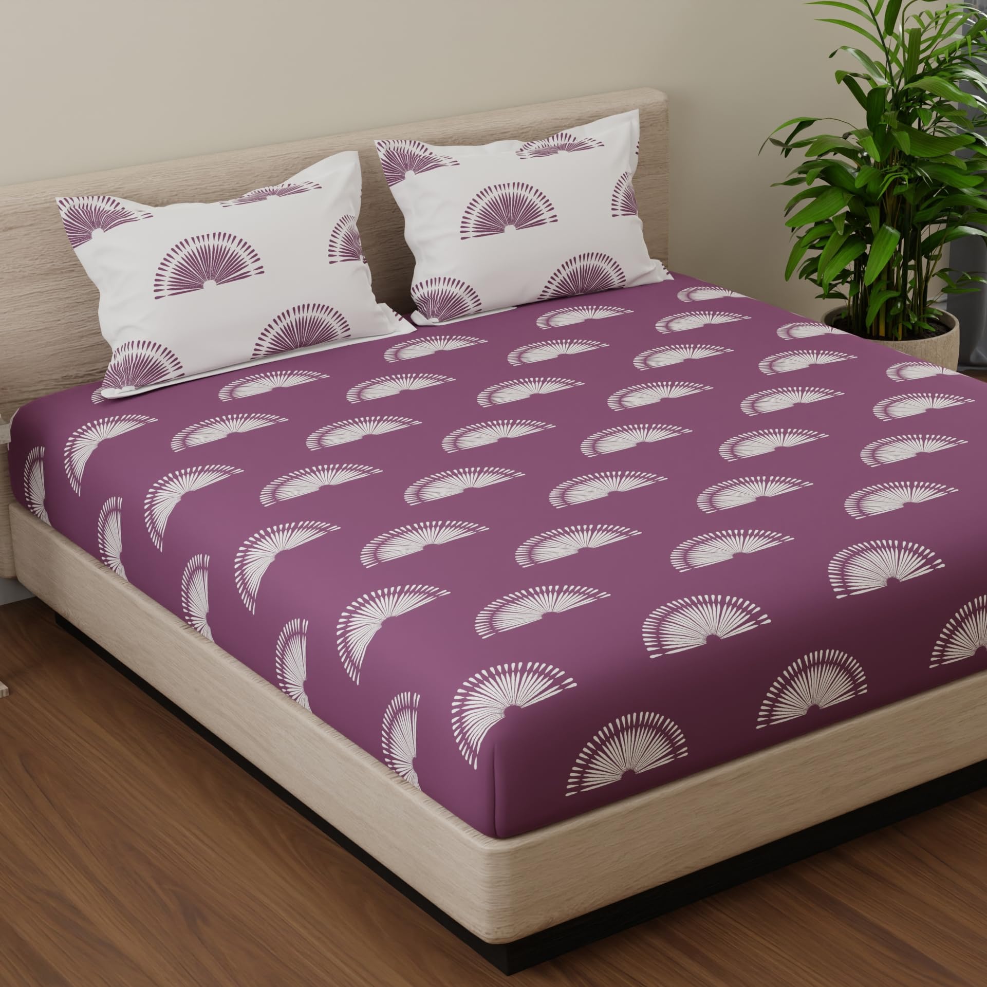 Huesland Cotton Bed Sheets - King Size, Purple & White -2