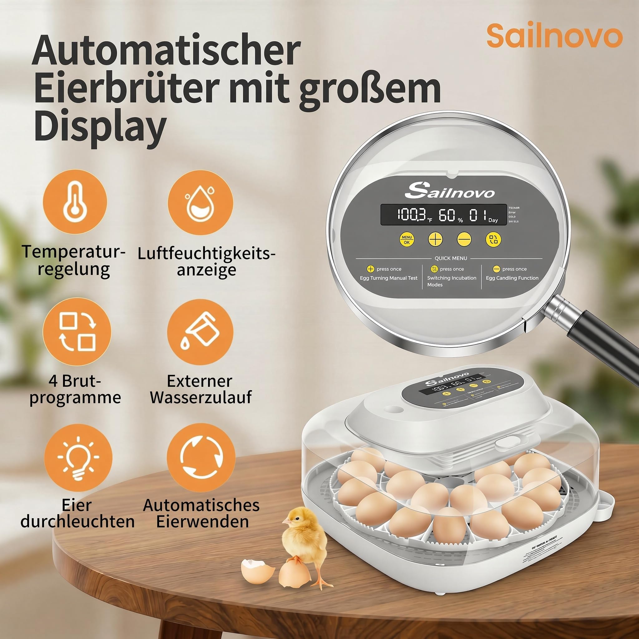 Sailnovo 24-Eier-Inkubator – Vier Modi, Feuchtigkeitsanzeige, automatische Eierwendung und integrierte Schierlampe. Für Hühner-, Enten-, Wachteleier. Ideal für Zuhause, Bauernhof, Unterricht (Grau)
