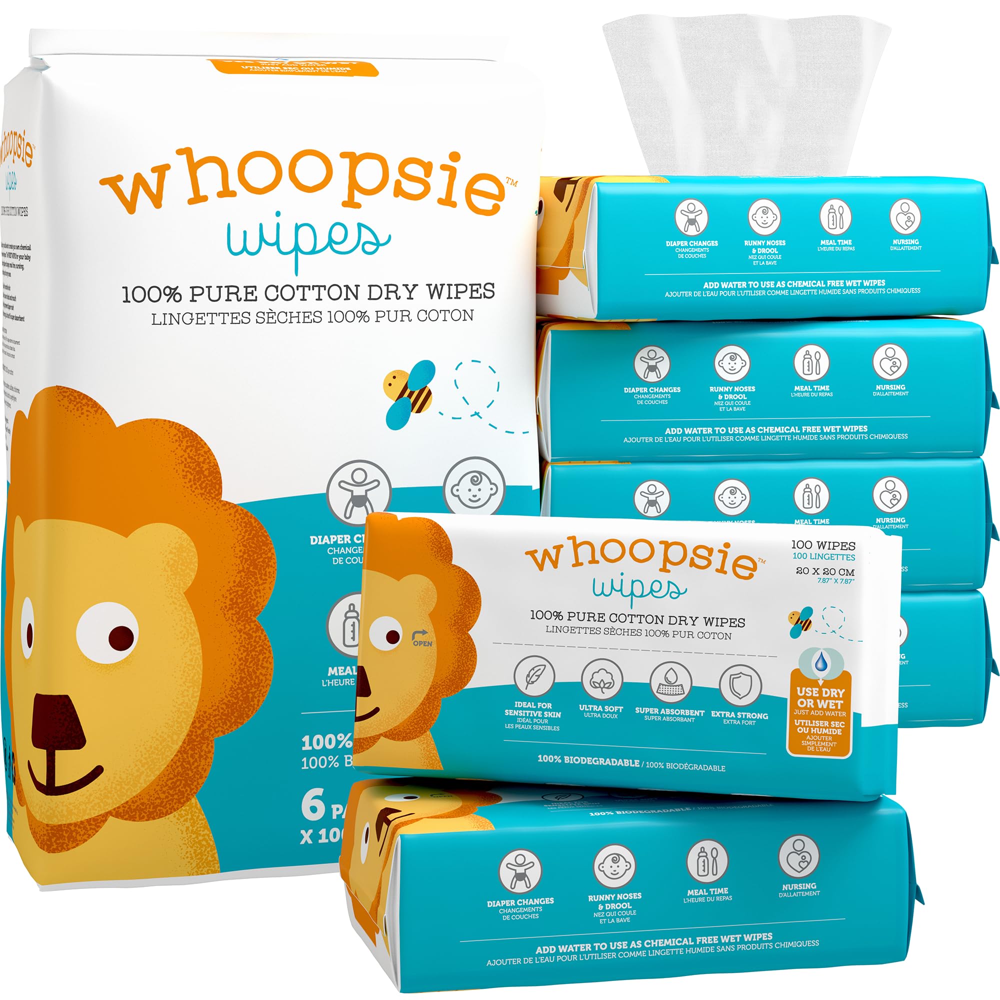 Whoopsie Wipes 100% Pure Cotton Dry | 600 Count | Use Wet or Dry | Soft & Sensitive | Hypoallergenic | Extra Strong & Absorbent | Perfect for Diaper Changes, Runny Noses, Drool, Meal Time & Nursing