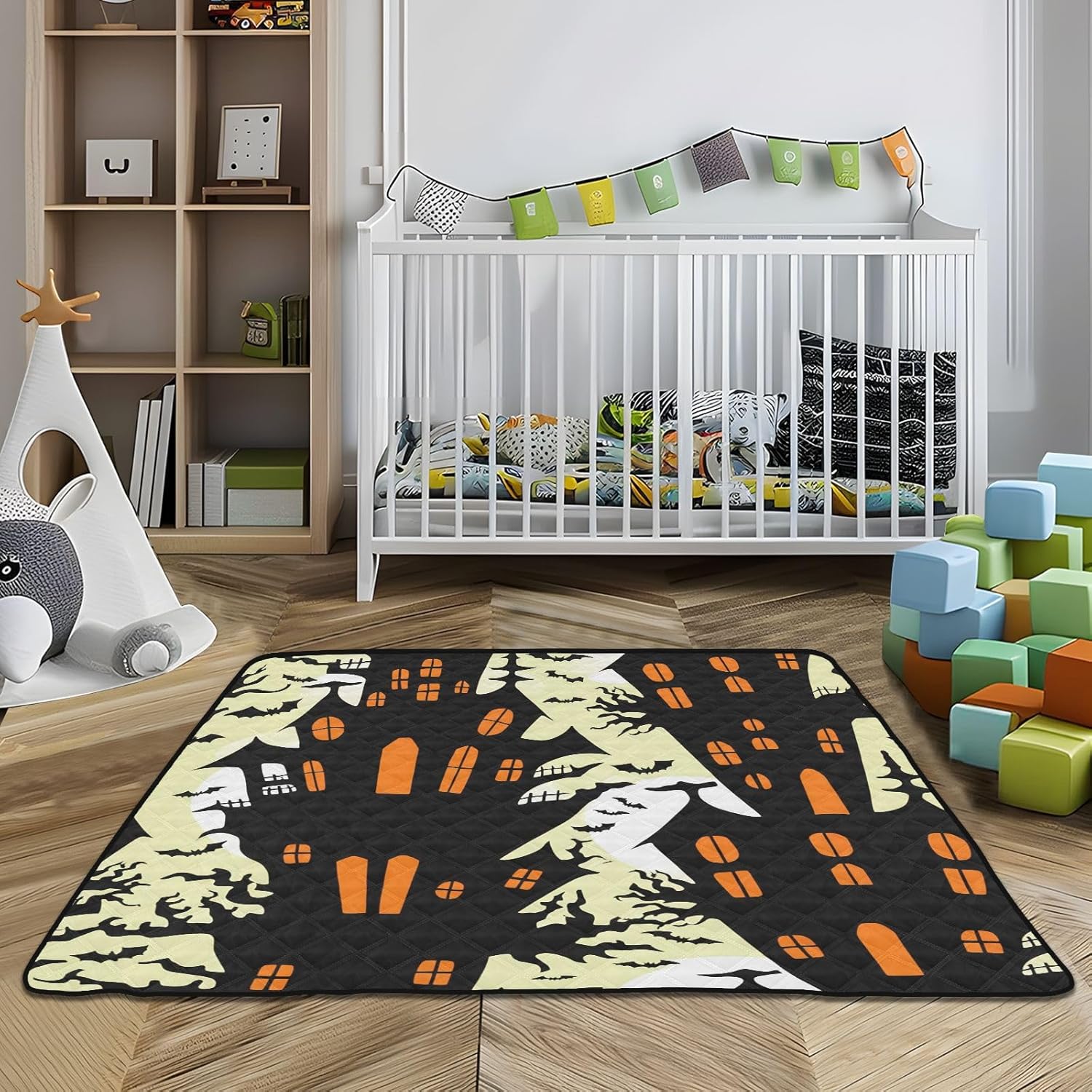 Graffiti Castle & Bats Baby Play Mat, 50“ X 50” Washable Folding Crawling Mat, Baby Floor Mat, Soft, Non-Slip