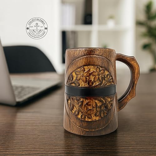 Miniatura 4 de Taza de cerveza de madera hecha a mano – Vaso de cerveza estilo rústico estilo barril vintage para cerveza, café, té, regalo único para hombres y