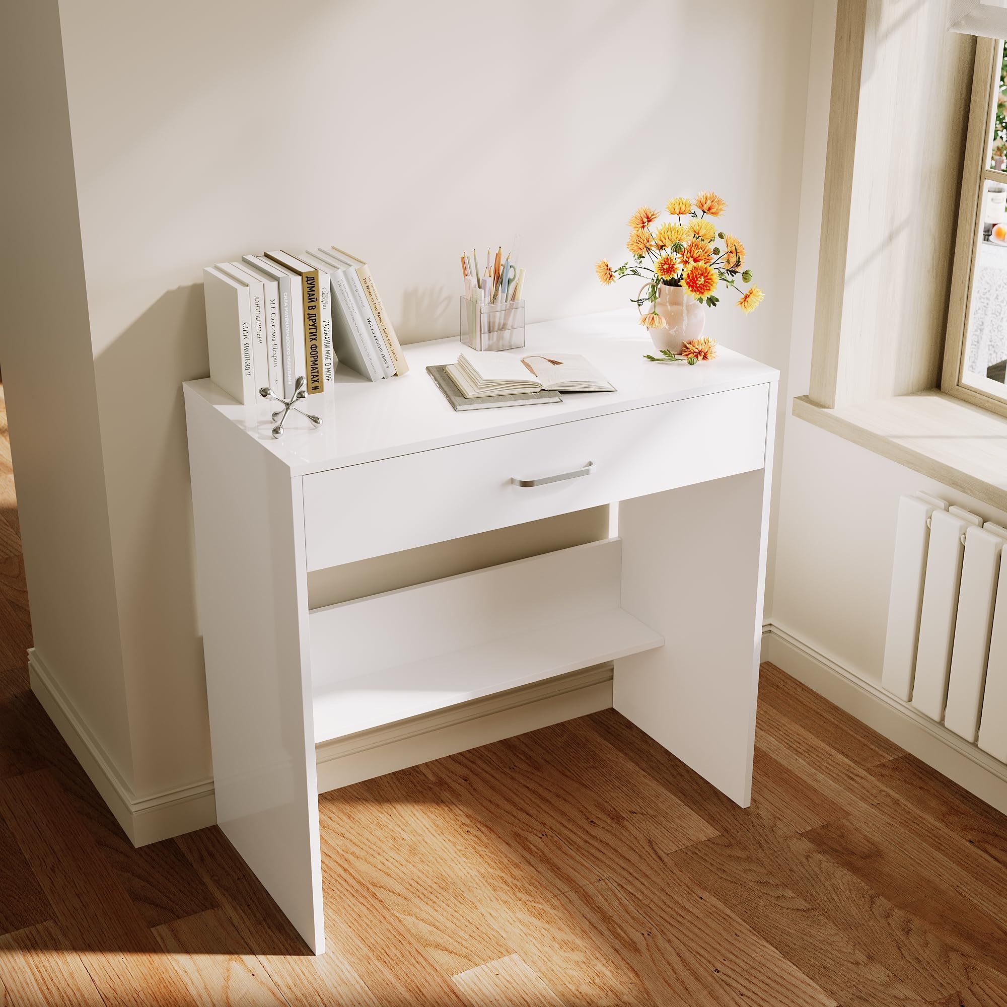 ELEGANT Dressing Table with Large Drawer, Vanity Makeup Desk with 6-Compartment Storage, Space Saving Dressing Desk for Bedroom, Stable Wooden Makeup Table White for Women Girls, 80 x 40 x 77 cm