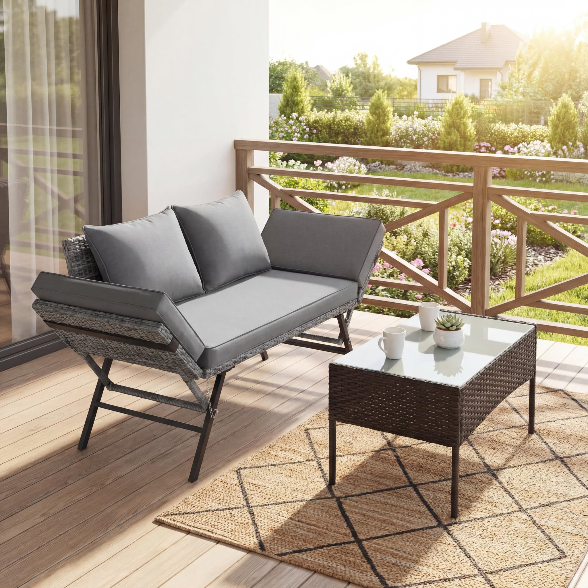 LIFERUN Rattan-Gartenbank Für Garten, Terrasse,Balkon,Poolbereich,Innenhof, Polyrattan,Loungesofa,Gartensofa,2-Sitzer,Verstellbare Armlehnen,Outdoor Sofa,Graues Rattan