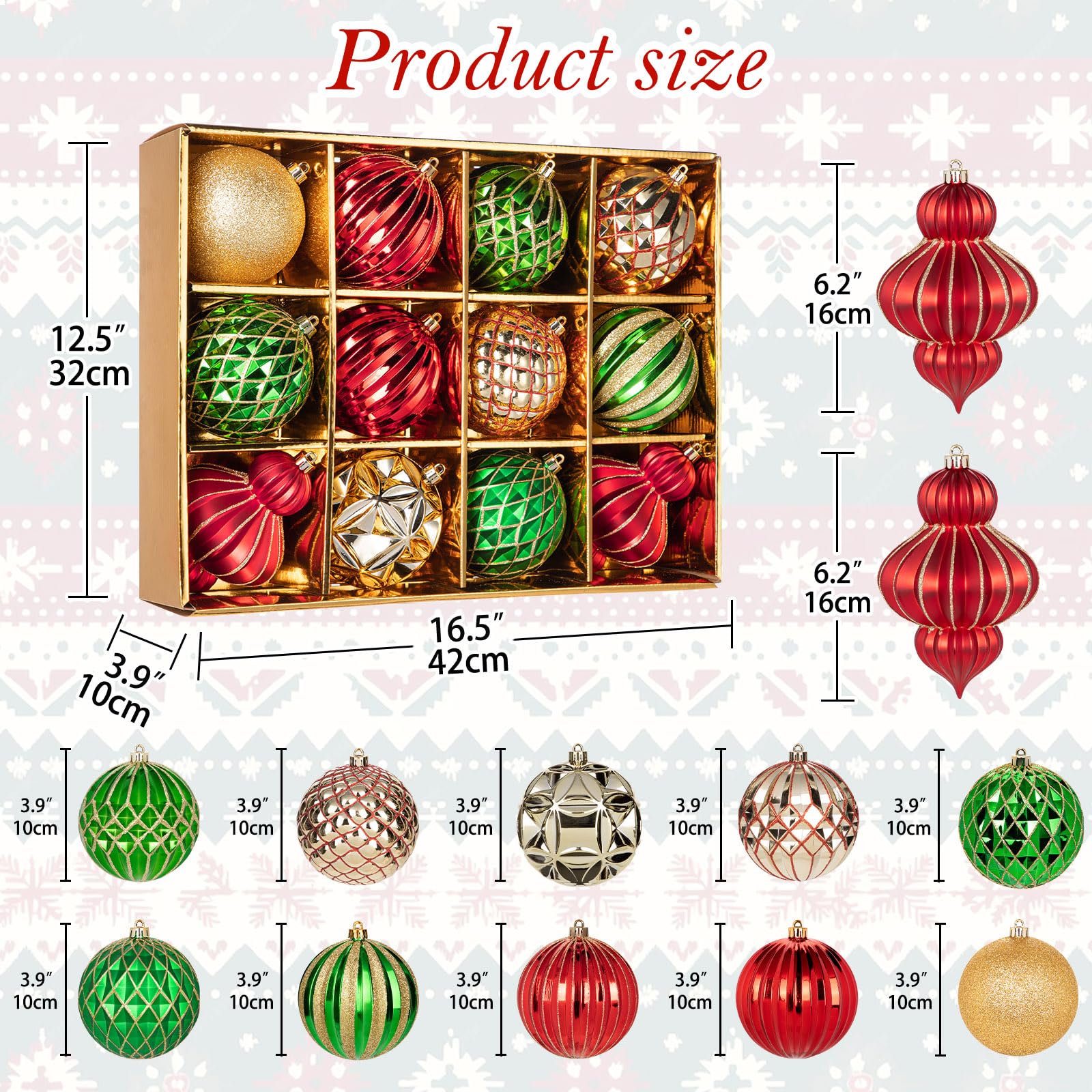 Weihnachtskugel-Ornament-Set, 10,2 cm, groß, bruchsicher, Kunststoff, Christbaumkugel, hängende Ornamente für Weihnachtsbaum, Hochzeit, Party, Urlaub, Dekorationen, Rot, Grün, Gold, 12 Stück
