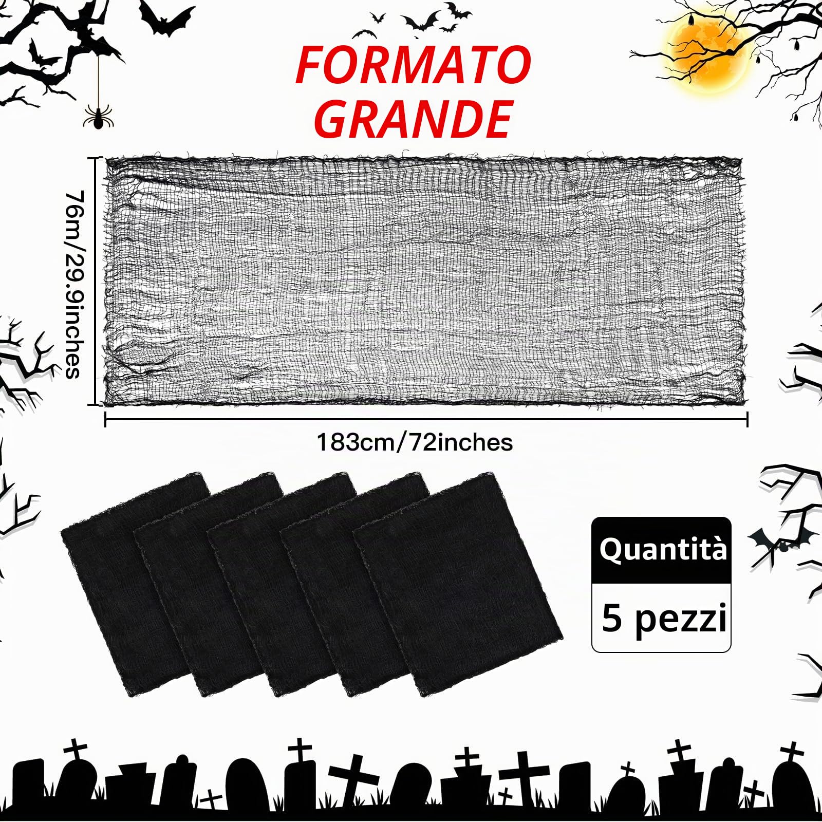 5 Pezzi Tessuto Nero Halloween 76 x 183 cm, Garza Nera Horror per Atmosfera Mistica, Ideale per Porte, Sale, Balconi e Finestre, Decorazioni di Halloween