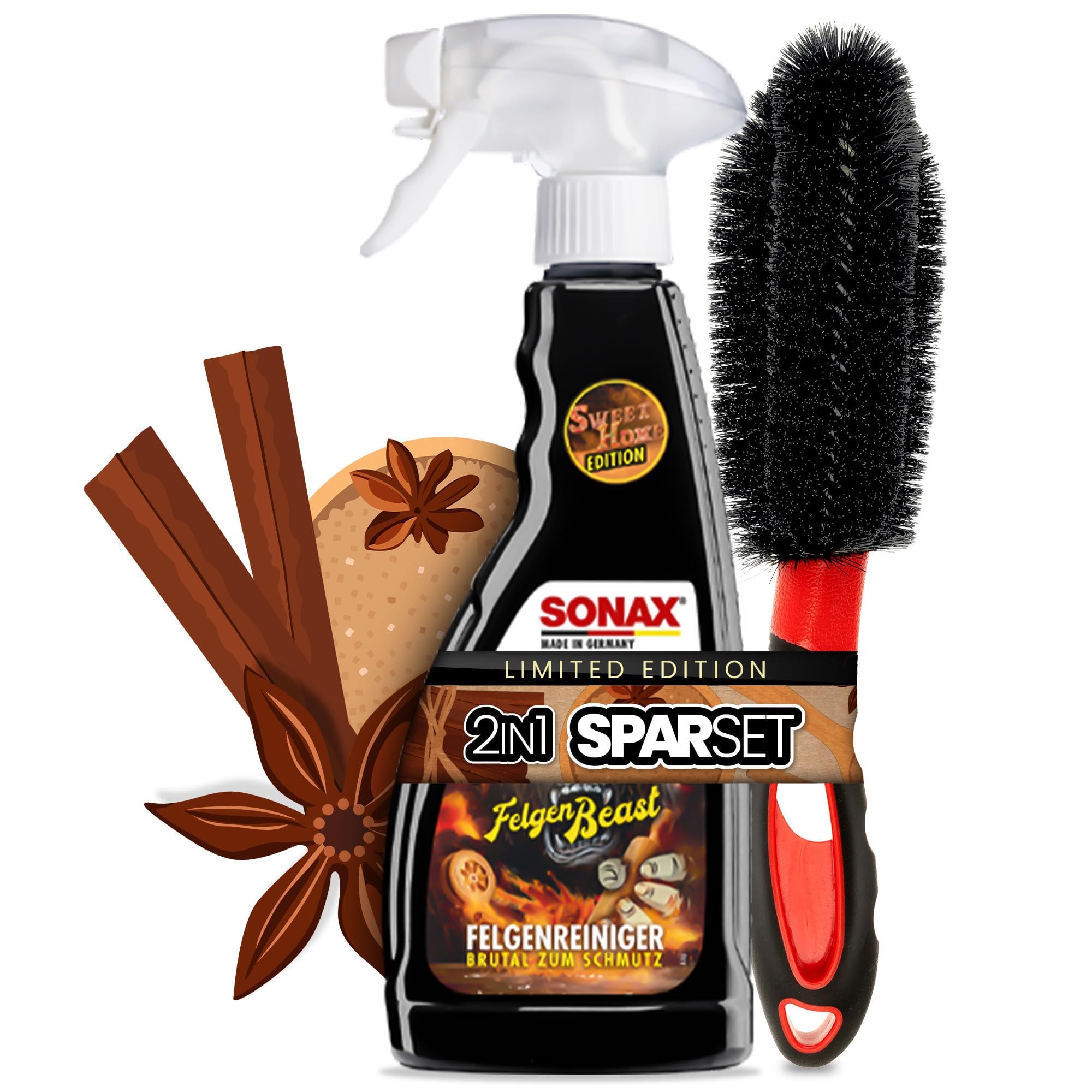 Felgen Reinigungsset | Sonax Felgenbeast Felgenreiniger Sonderedition 500ml + Felgenbürste | Alufelgen Reiniger Set mit Bürste zur effizienten Auto Felgenpflege