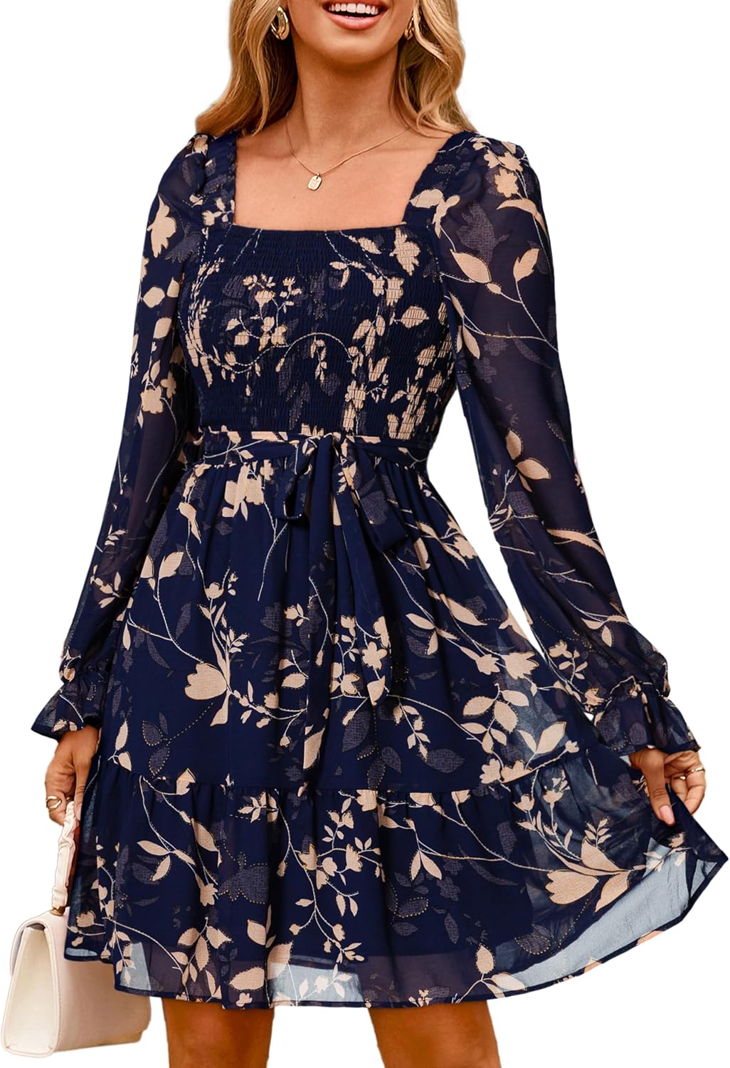 Simplee womens boho long sleeve mini dress floral square