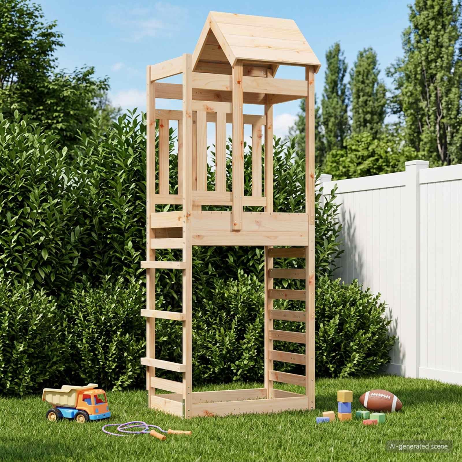 Spielturm Braun 52,5 x 85 x 238 cm Massives Kiefernholz für Kinder im Außenbereich mit Rutsche, Klettergerüst, Schaukel, Seil, Trapez, Nestschaukel und Zubehör für sicheren Gartenhof