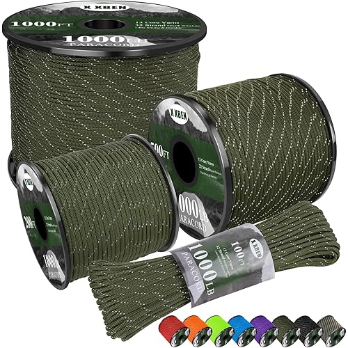 X XBEN Paracord Reflective 1000lb, 50/100/200/500/1000ft 4mm, 13 Strand Paracord Rope, Tactical Parachute Cord for Camping, Fishing, Clothesline, Hammock, Tent & Survival Bracelet, Army Green