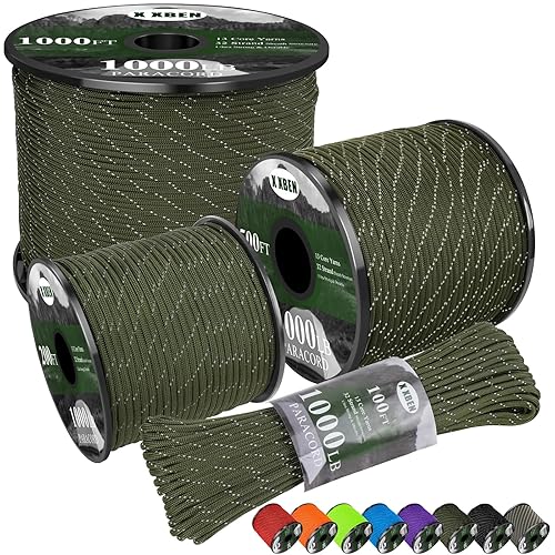 X XBEN Paracord Reflective 1000lb, 50/100/200/500/1000ft 4mm, 13 Strand Paracord Rope, Tactical Parachute Cord for Camping, Fishing, Clothesline, Hammock, Tent & Survival Bracelet, Army Green