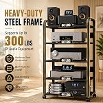 5-Tier Av Media Stand with Wheels, Audio Tower Rack with Adjustable Shelves, Stereo Racks and Stands with Storage Shelves, Media Console for Home, Office, Theater, Black