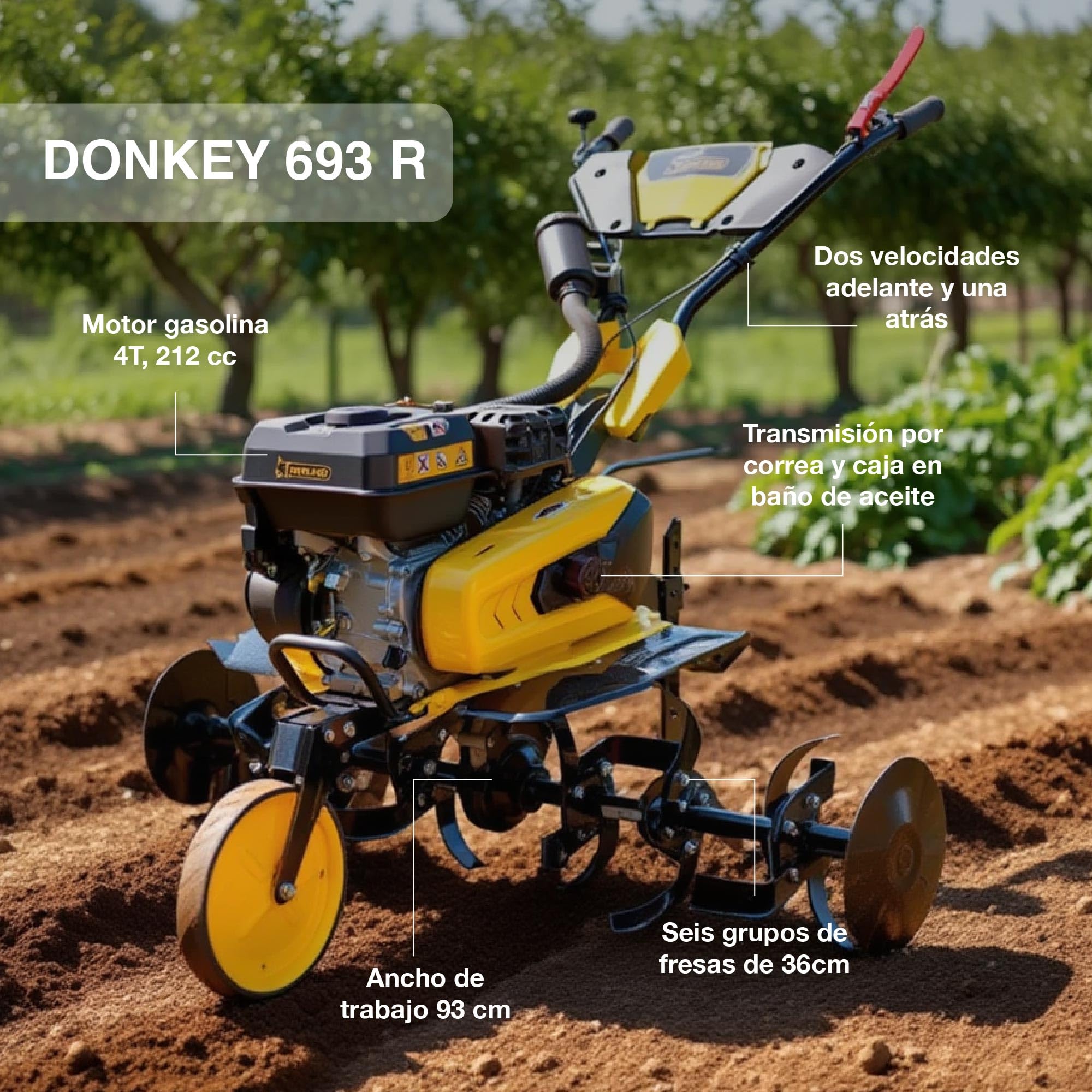 GARLAND Donkey 693 R-V24 +VALVULINA - Motoazada Gasolina 4T 212cc, 93 cm Ancho Trabajo, 6 Grupos, 2+1 velocidades, transmisión por Engranajes, Manillar Ajustable, Rueda de Transporte.