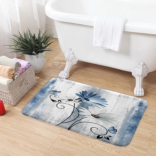 Miniatura 3 de Tapete de baño rústico de granja, diseño de margaritas azules y flores, mariposa, alfombra de baño de madera para baño, alfombra de baño suave y