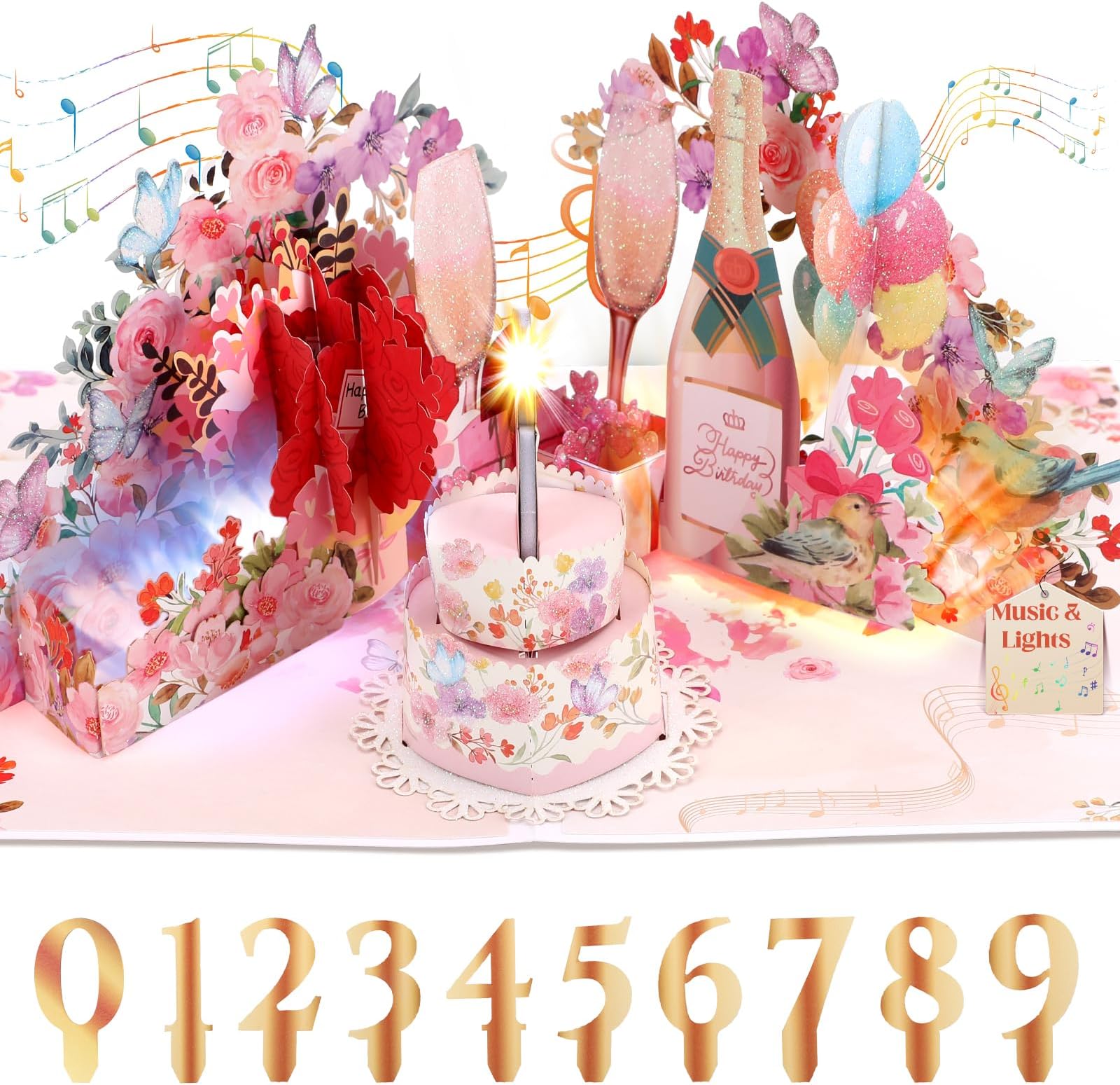 Birthday Card, Musical Birthday Card for Women, 3D Champagne Pop-Up birthday Cards w Blowable Candle & Lights for Girls Women Wife Grandma Granddaughter Daughter Niece Sister (All Ages)