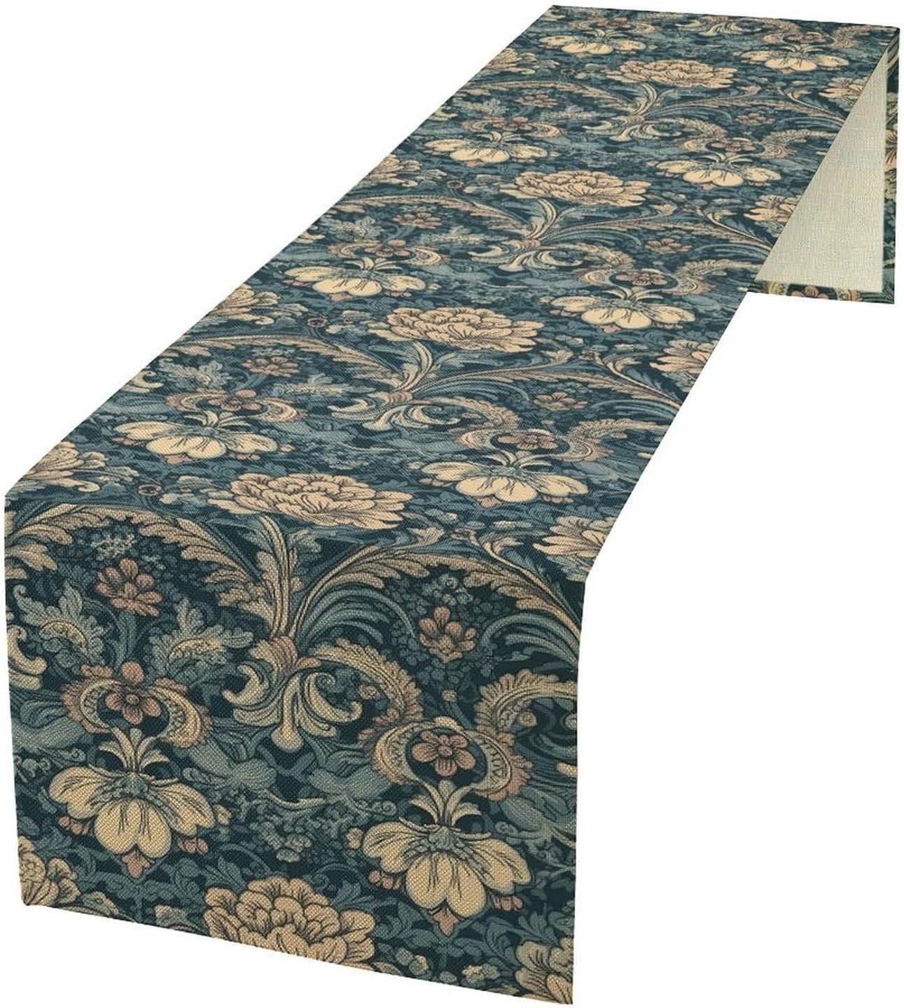 William Morris Style Floral Table Runner, Vintage Abstract Botanical Floral Blue Pattern for Home Kitchen Table Decor Dining Coffee Room Party Decor 13x108inch