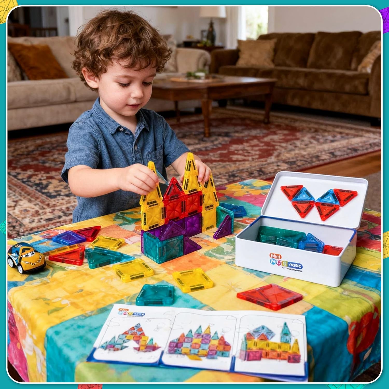 Magnetic Tiles for Kids Mini Magnet Tiles Building 43PCS Toddlers Magnetiles Travel Toys with Case & 2 Cars Basic STEM Magnets Construction Tile Toy Set Ages 3-8 Boys Girls