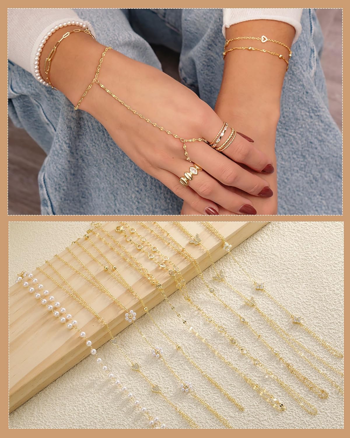 Gold Hand Chain Bracelets for Women Trendy,Dainty Clover Pearl Charm Ring Bracelet Hand Chain 14K Gold Planted Cute Heart Butterfly Flower Stackable Bracelets for Women Non Tarnish Gold Jewelry Gifts - Image 5