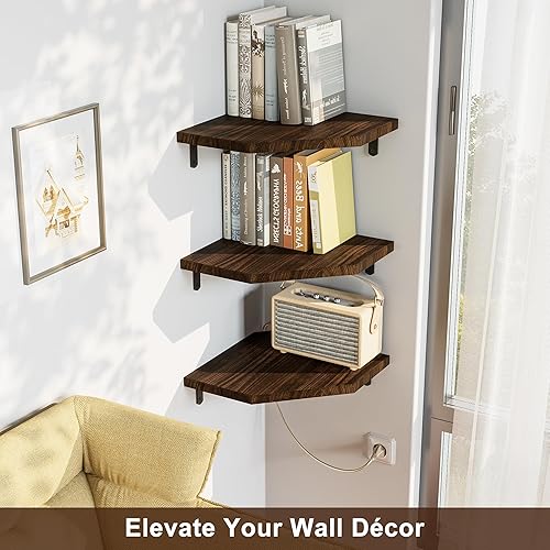 Miniatura 5 de Alsonerbay Estante esquinero de pared, juego de 3 estantes de esquina flotantes con agujero para cable, estantes de madera rústica para TV, altavoz,