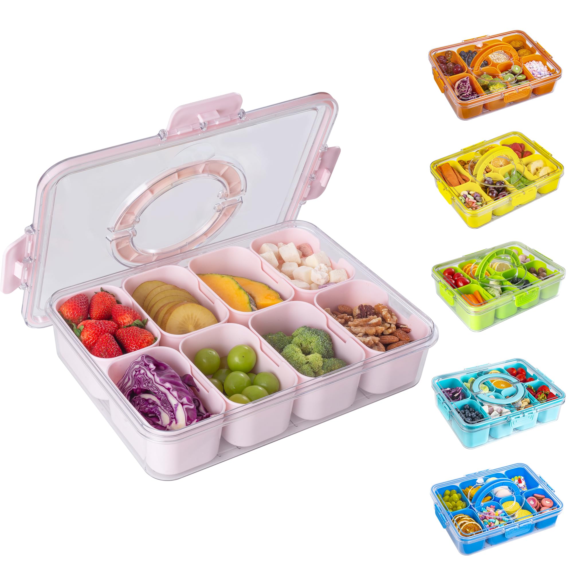 Divided Snack Serving Tray with Lid and Handle Travel Snackle Charcuterie Container Portable Storage Organizer for Candy, Fruits, Nuts, Snacks, Party, Picnic (1pack, Pink)