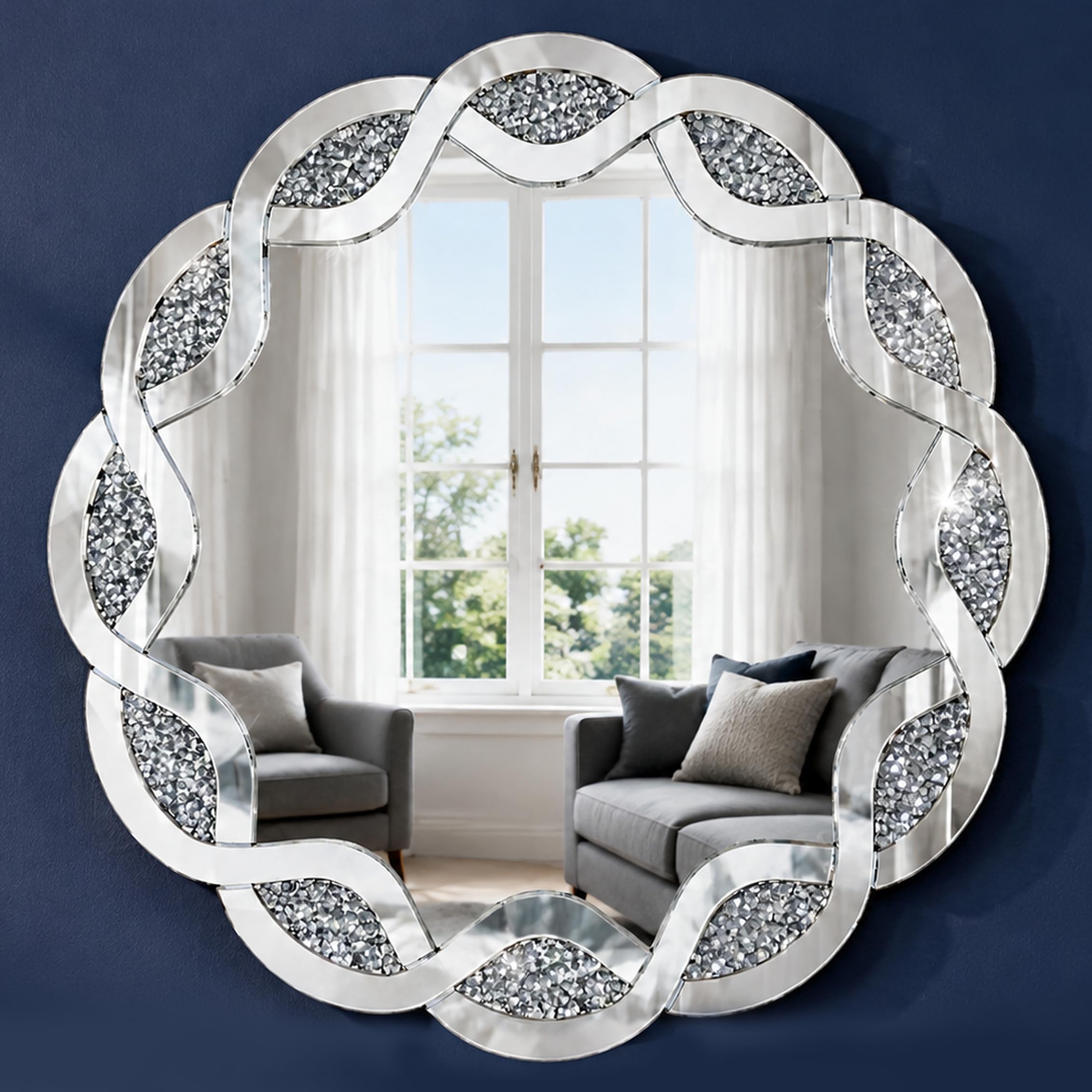Elegant Round Wall Mirror Crushed Diamond Frame, 32'' Large Decorative Accent Mirror, Sparkling Crystal Luxury Mirror for Glam Room Entryway Decor, Housewarming Wedding Gift