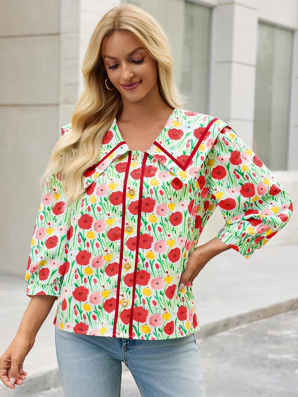 Cicy Bell Womens Floral Button Down Shirts Trendy Casual 3/4 Lantern Sleeve Blouse Square Neck Collared Tops - Image 5