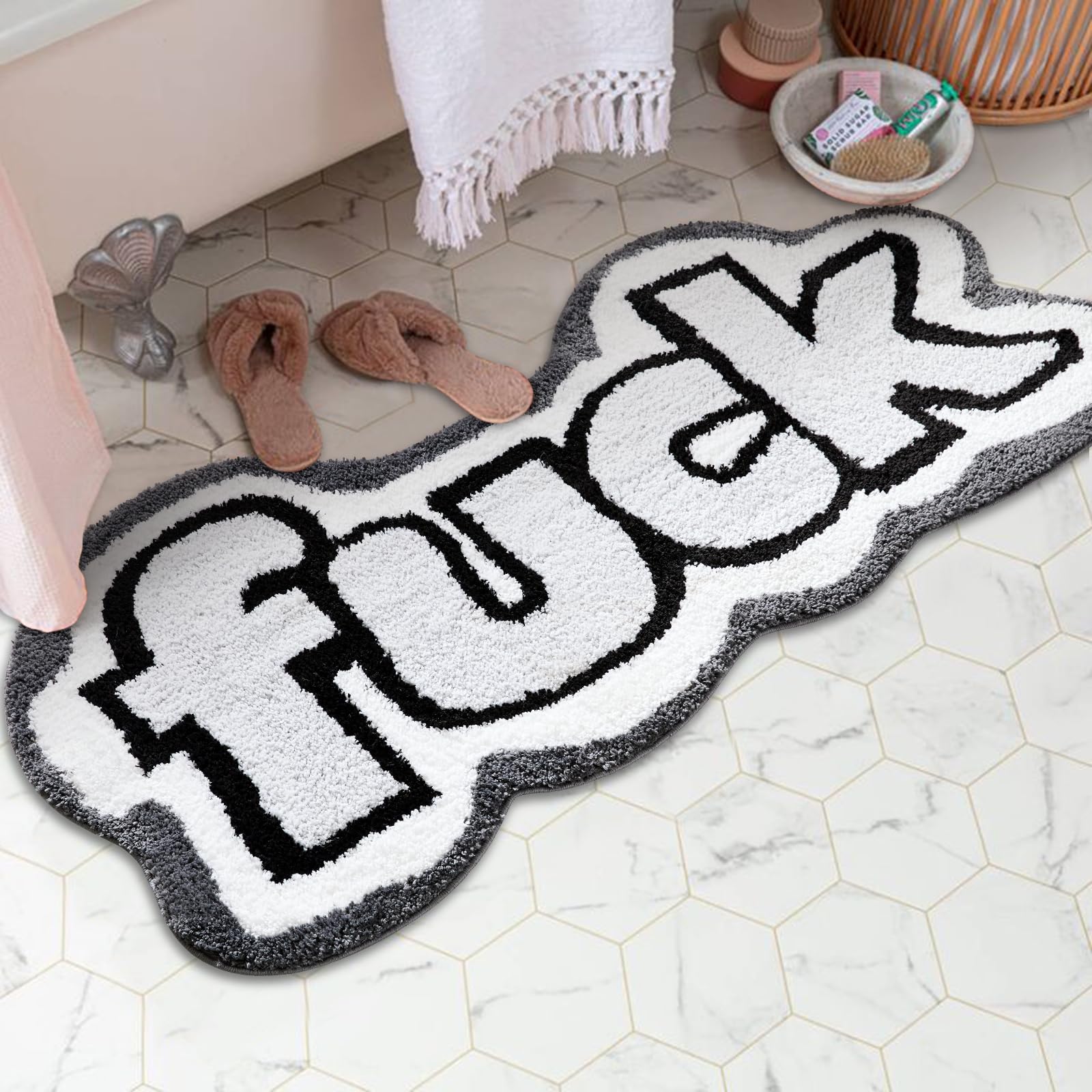 RoomTalks Boho Black and White Extra Long Bathroom Rugs Shower Floor Bath Runner 24''W x 51''L Non Slip Washable, Cute Trendy Groovy Funky Cool Small Bedroom Rugs Dorm College Bedside Accent Floor Mat