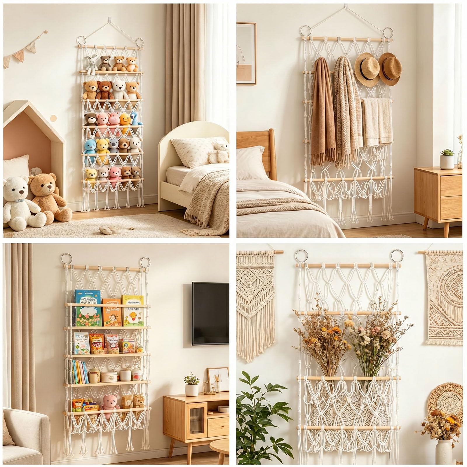 Rangement Peluche Chambre Enfant, 4 Couches Style Bohème Range Peluche Doudou, Filet Peluch à Suspendre avec 2 Crochets et 3 Clous Sans Trace pour Chambres d'Enfant, Salon, Chambre à Coucher