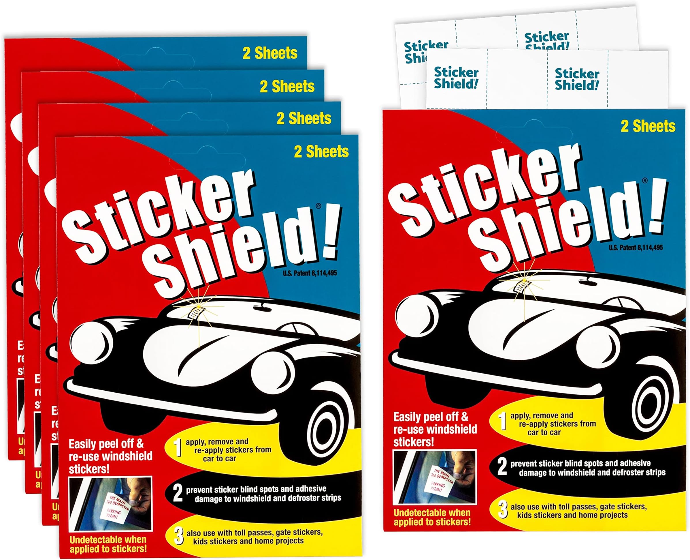 Sticker Shield - Windshield Sticker Applicator, Easy Application & Removal, Reusable, Clear Film, 4" x 6" Sheets (5 Packs, 10 Sheets Total)