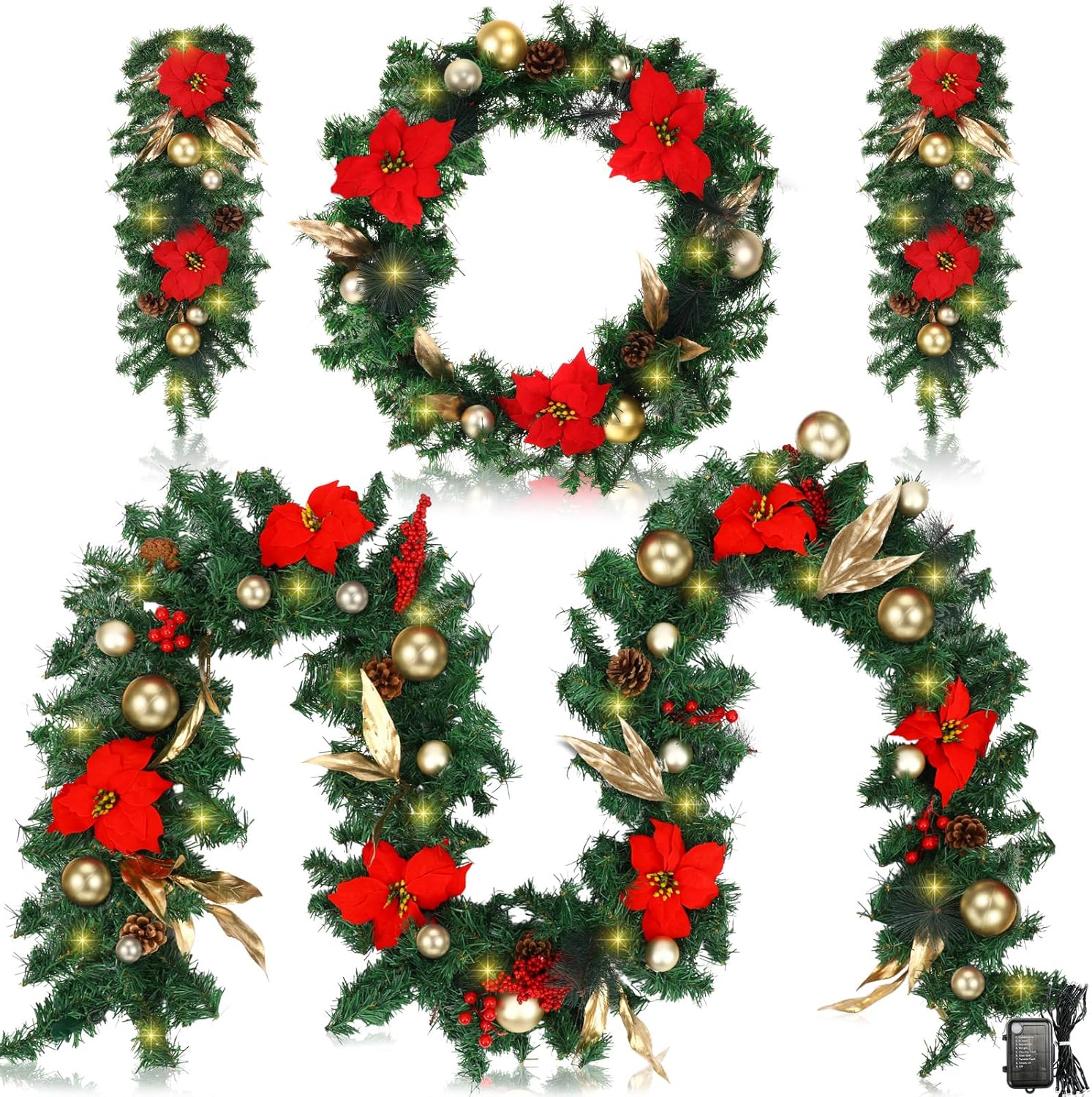 Jenaai 4 Pack Artificial Christmas Garland Wreath and Teardrop Swag Sets Lighted Artificial Xmas Decoration with Pine Cone Poinsettia Berries Gold Ball for Front Door Fireplace Window Indoor Outdoor