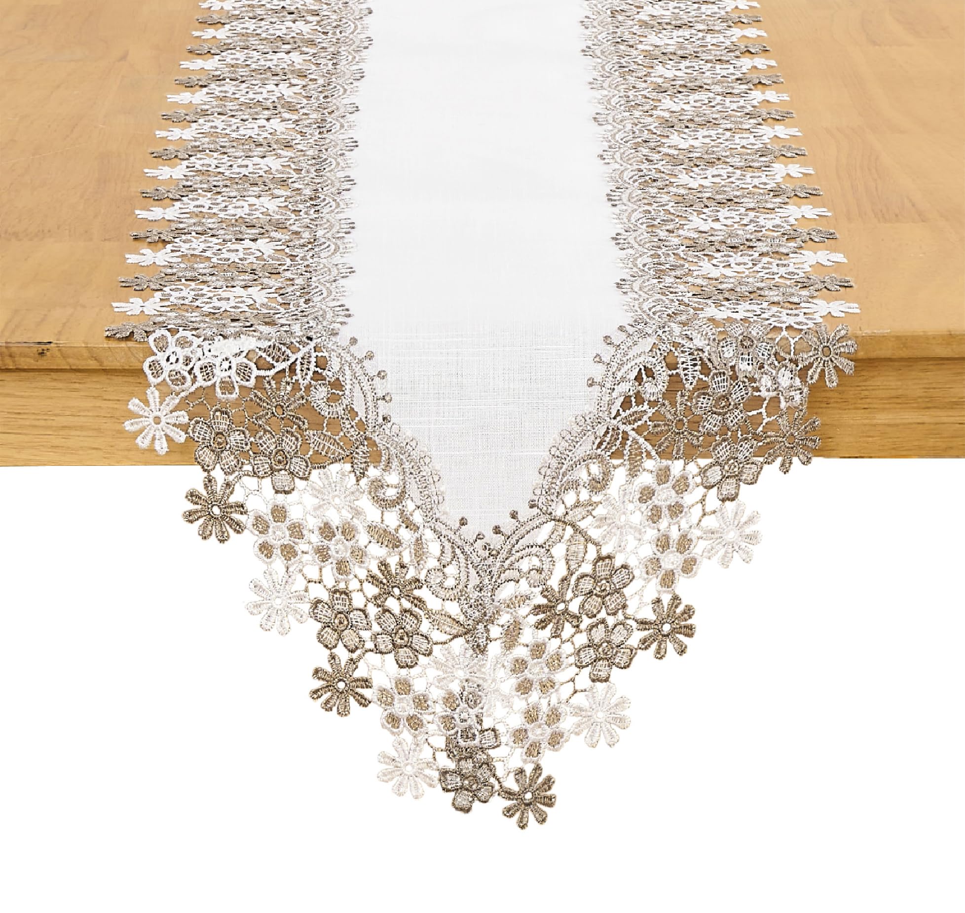 Winotic White Beige Floral Lace Table Runner Dresser Scarf 36 inches Long for Kitchen Dining Coffee Table Parties Wedding Home Decor (White, 16” x 36”