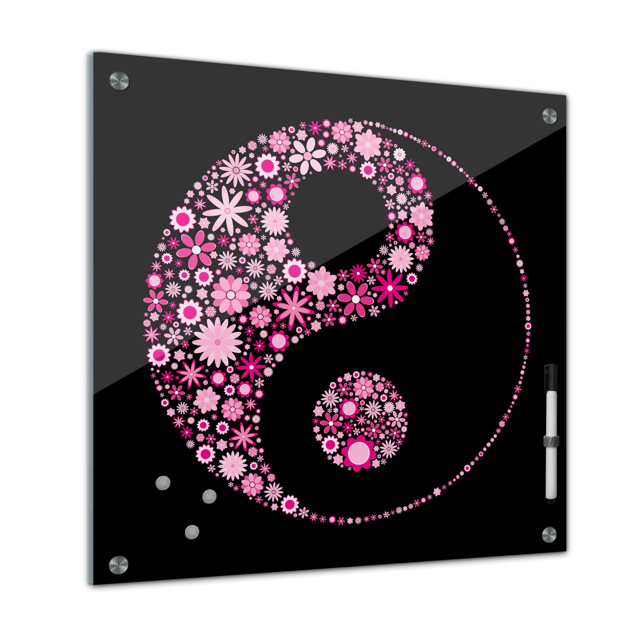 Bilderdepot24 Lavagna magnetica 40 x 40 cm | Ying-Yang fiori | Lavagnetta magnetica in vetro lavabile con supporto a penna magnetica | per ufficio, cucina, soggiorno | 1321a