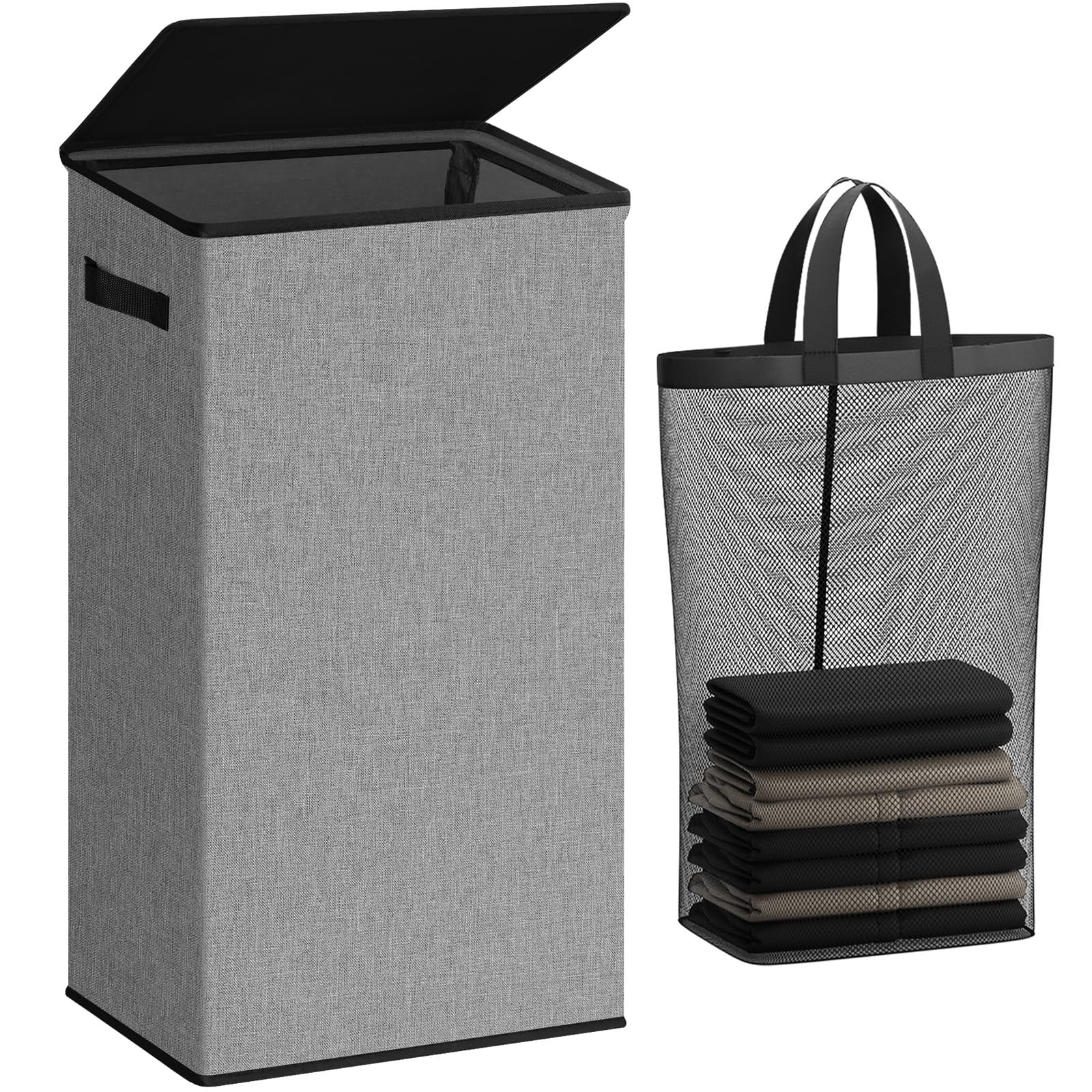 SOLEDI Laundry Basket with Lid Washing Baskets for Laundry, 100L Large Clothes Hamper Laundry Bin with Laundry Bag, Collapsible Laundry Baskets for Bedrooms, Laundry room, Living room, Dorm, Grey