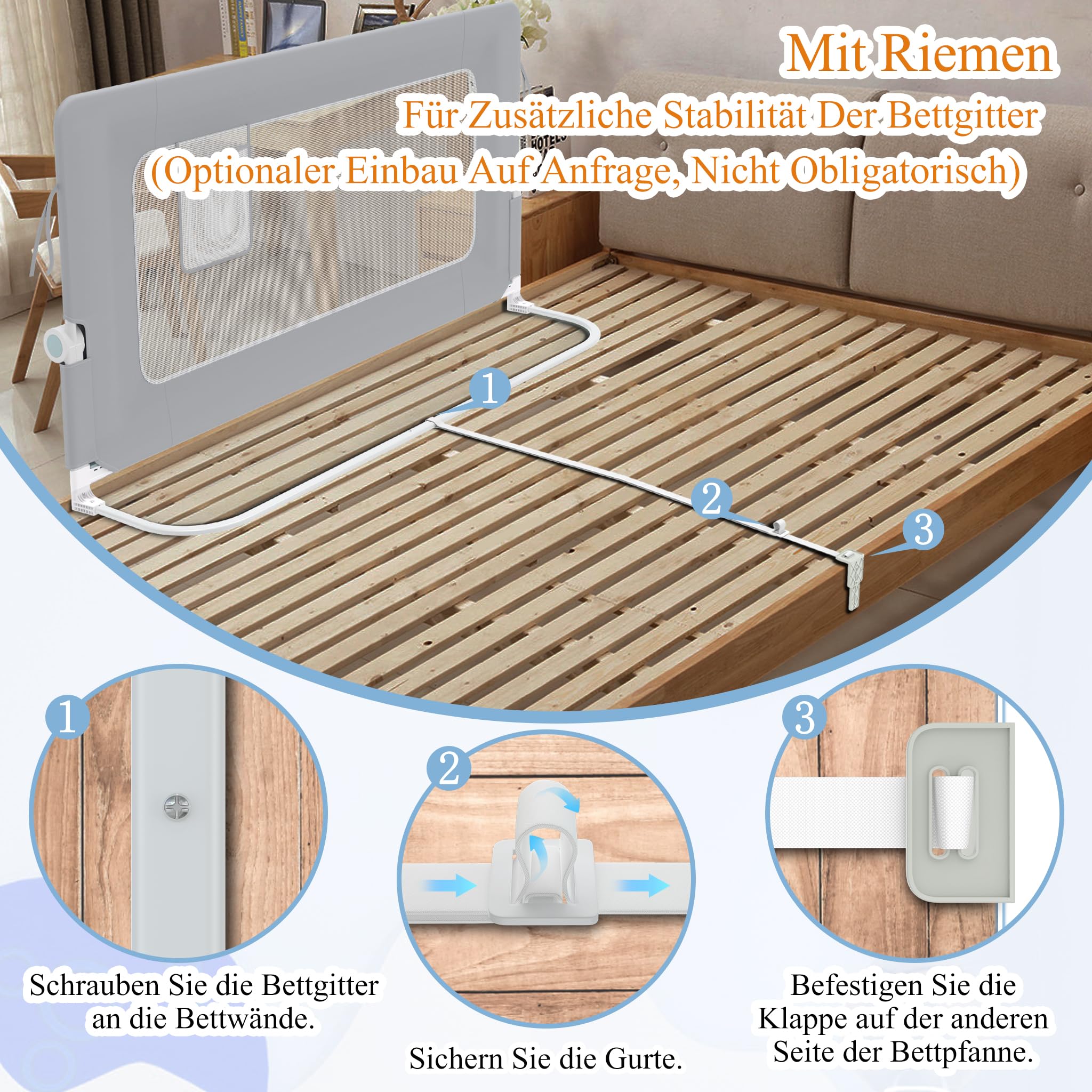 HENGMEI Barrera de protección contra caídas para cama de 200 cm, plegable, 180 grados, malla aireada, altura ajustable, rejilla de protección para cama (gris)