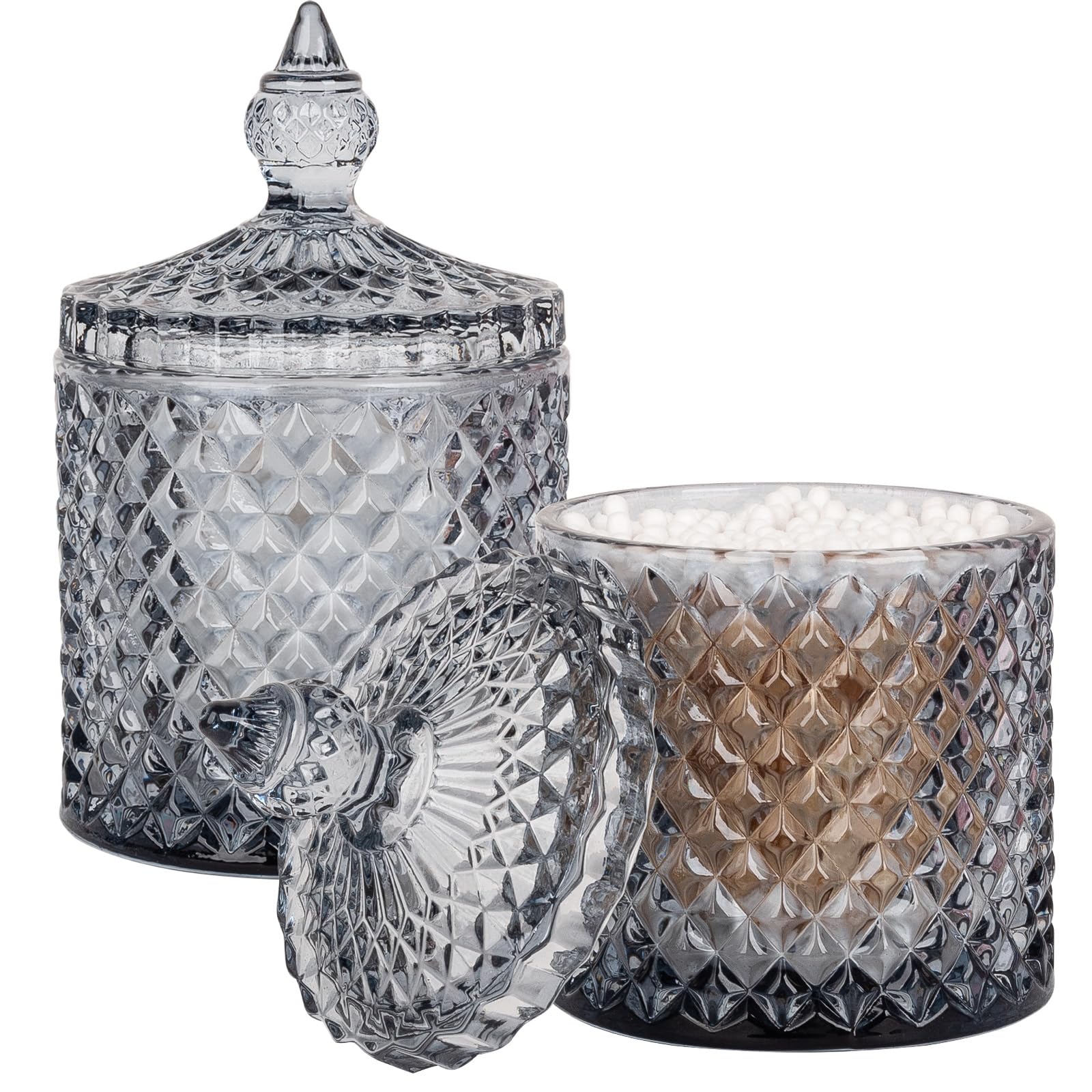 2 Pack Qtip Holder Thick Glass Apothecary Jars with Lid for Bathroom Decor Storage Organizer for Cotton Swabs, Balls, Pads, Floss Picks, Candy,