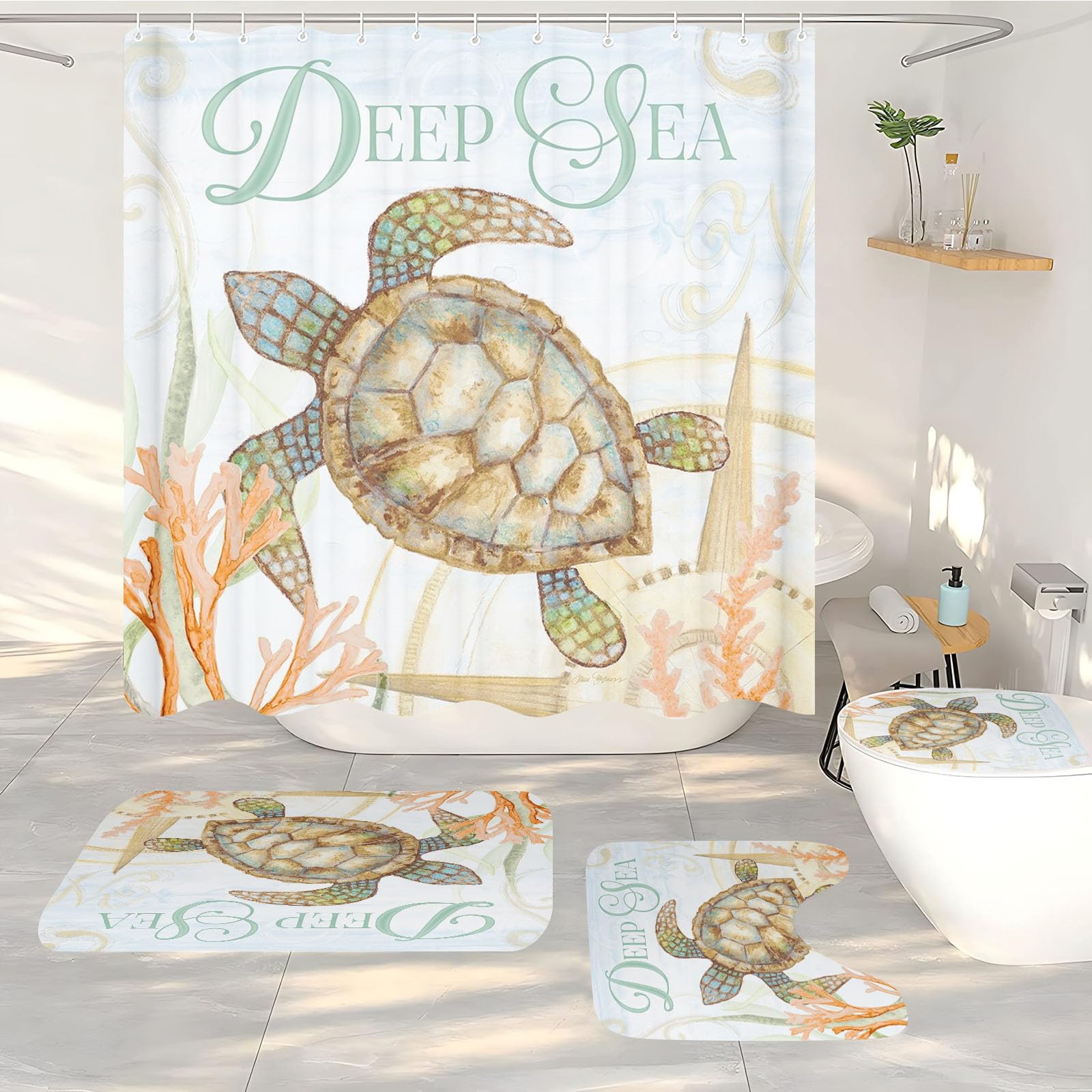 FABTOP Shower Curtain Sea Turtle Coral Nautical Ocean 180 x 180 cm Shower Curtains Turtle Sea Organism Octopus Coral Shower Curtains (10.200 x 240 cm)