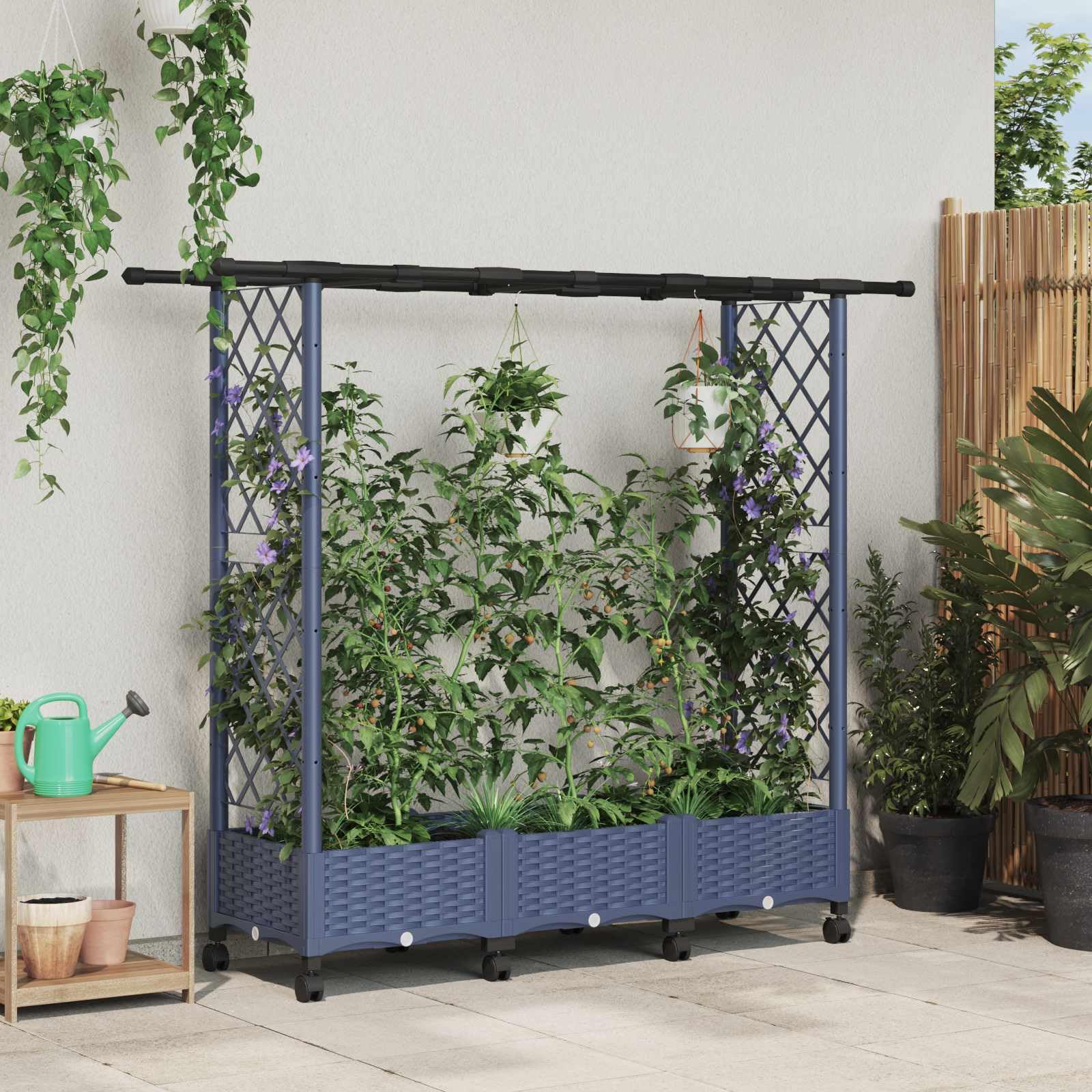 Jardinera con enrejado y techo gris de polipropileno resistente 164x40x127 cm