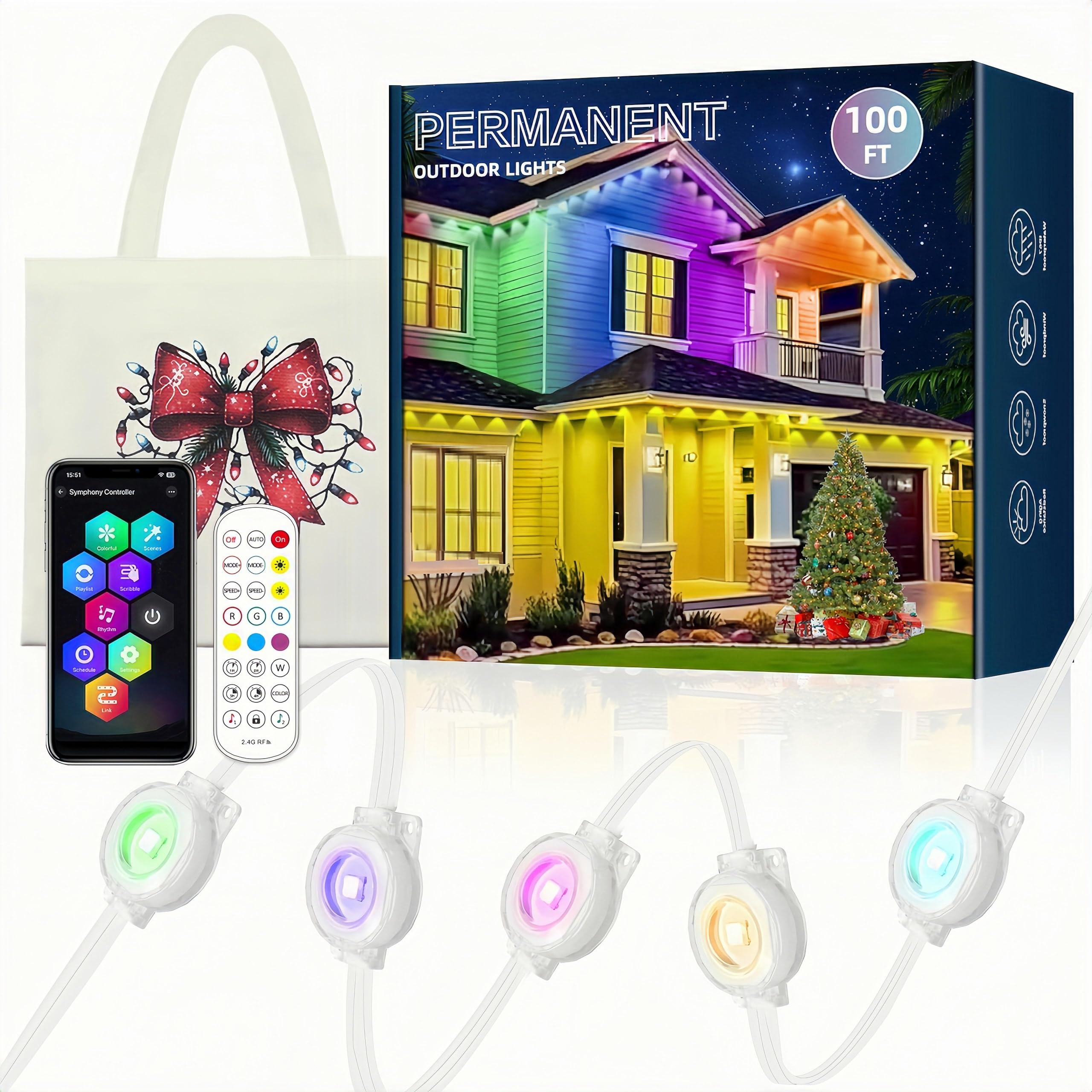 Permanente Außenleuchten 30,5 m, RGBW+IC Smart LED mit 60 LED-Lichtern, IP68 wasserdicht, App & Fernbedienung für Weihnachten, Urlaub, Dach und Pool Party Dekor