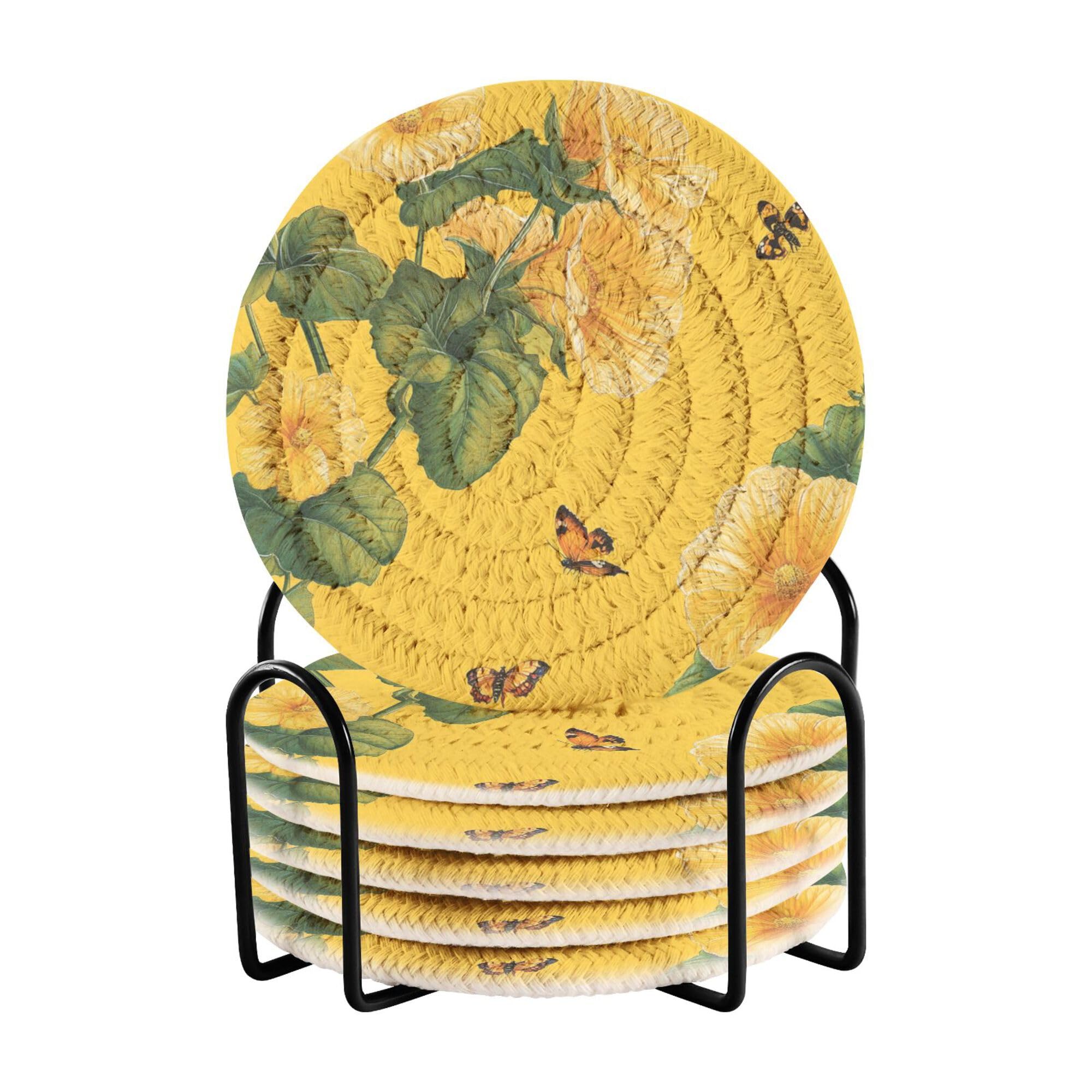 Cute Begonia Yellow Cotton Rope Coasters and Holder Set of 6 Cotton Coasters
