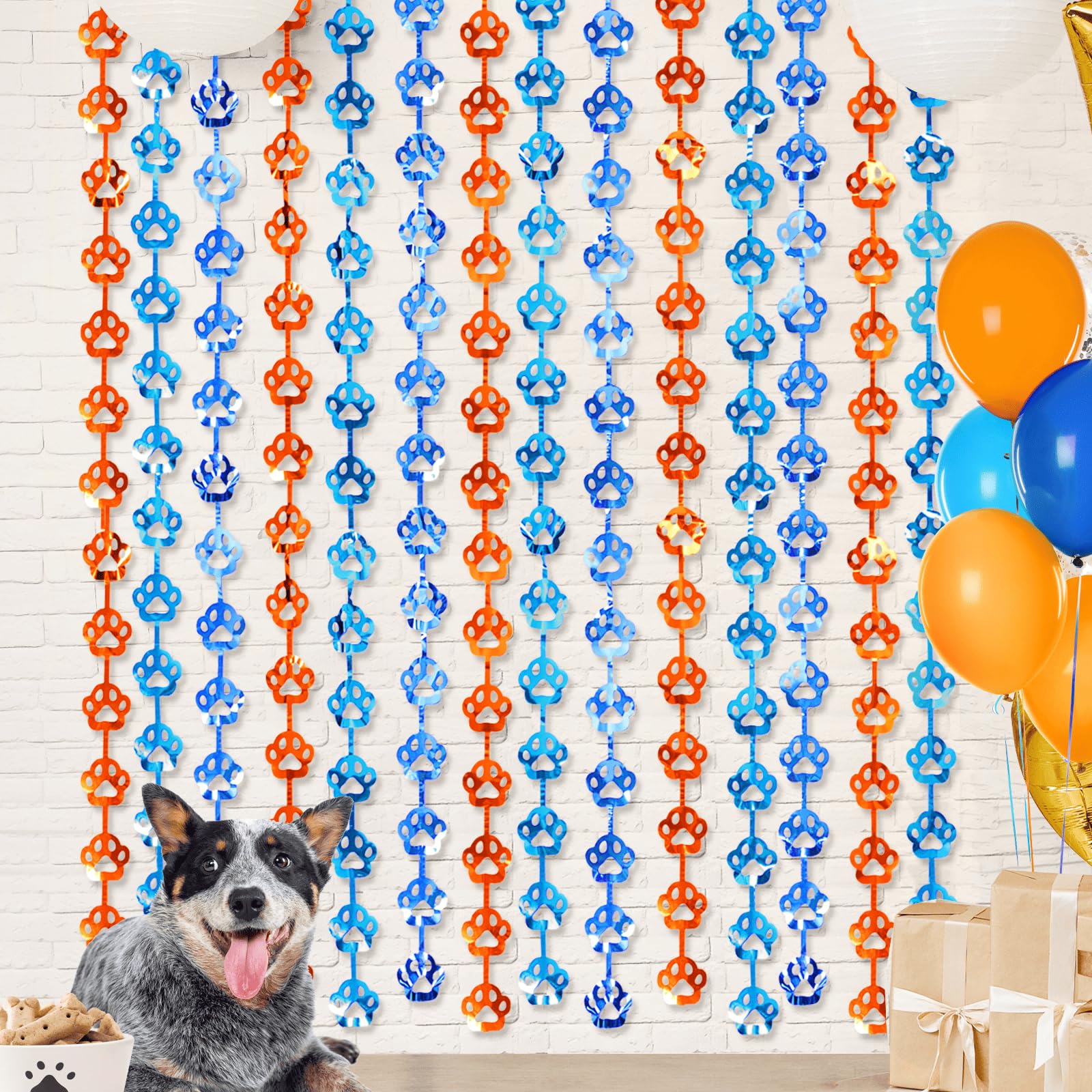 LOLStar Blue Dog Birthday Decorations, 2 Pack Orange and Blue Dog Paw Birthday Party Supplies 3.3 x 6.6ft Foil Fringe Curtains, Photo Booth Props