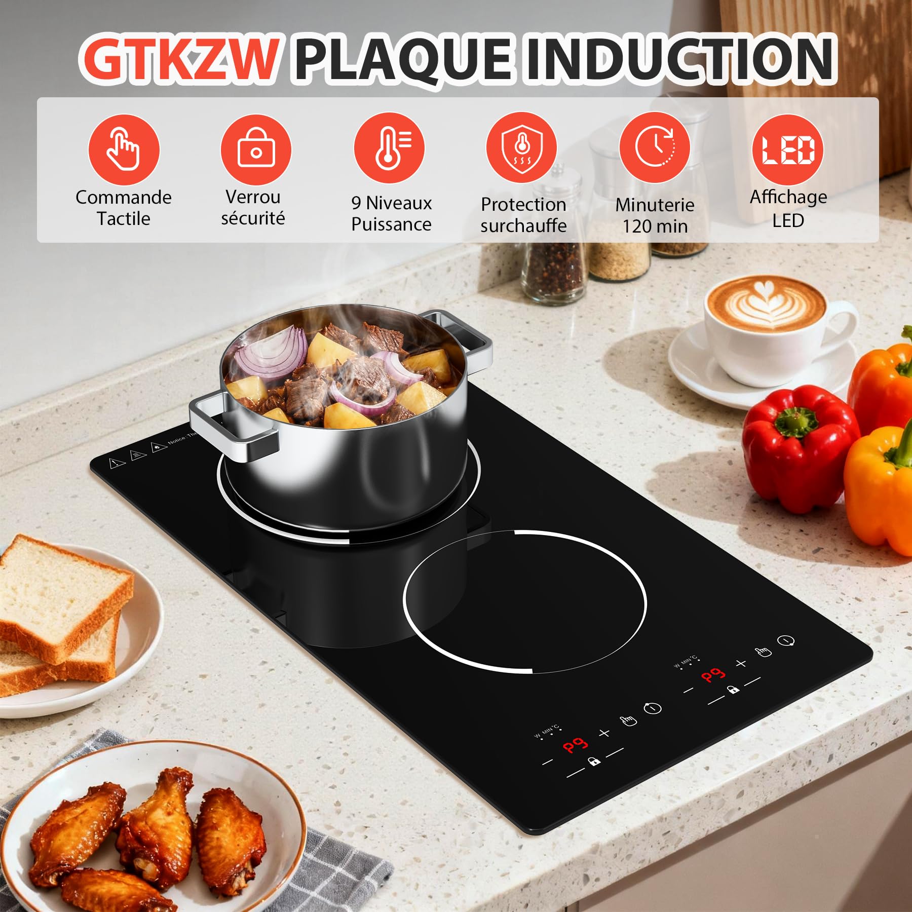 Plaque Induction 2 Feux 3000W 30cm Encastrable Pose Libre avec Minuterie Alerte Chaleur