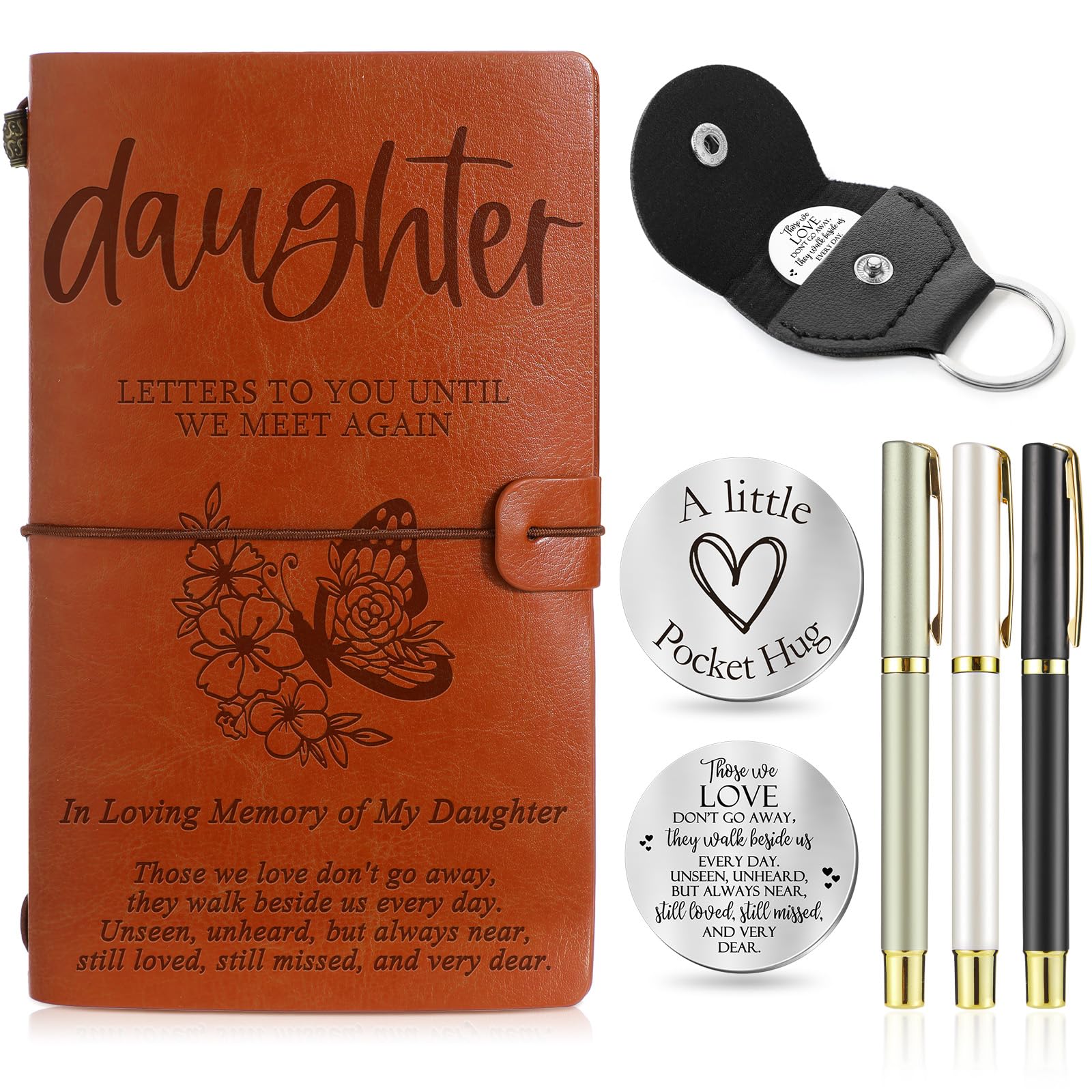 Fulmoon Memorial Gifts for Loss, Included 1 Grief Journal Travel Photo Diary Journal 1 Memorial Pocket Hug 1 PU Leather Keychain 3 Ballpoint Pens