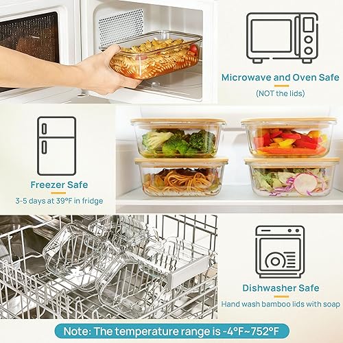 Miniatura 7 de Vtopmart Paquete de 5 recipientes de vidrio de 35 onzas con tapas de bambú, recipientes de almacenamiento de alimentos para preparación de comidas