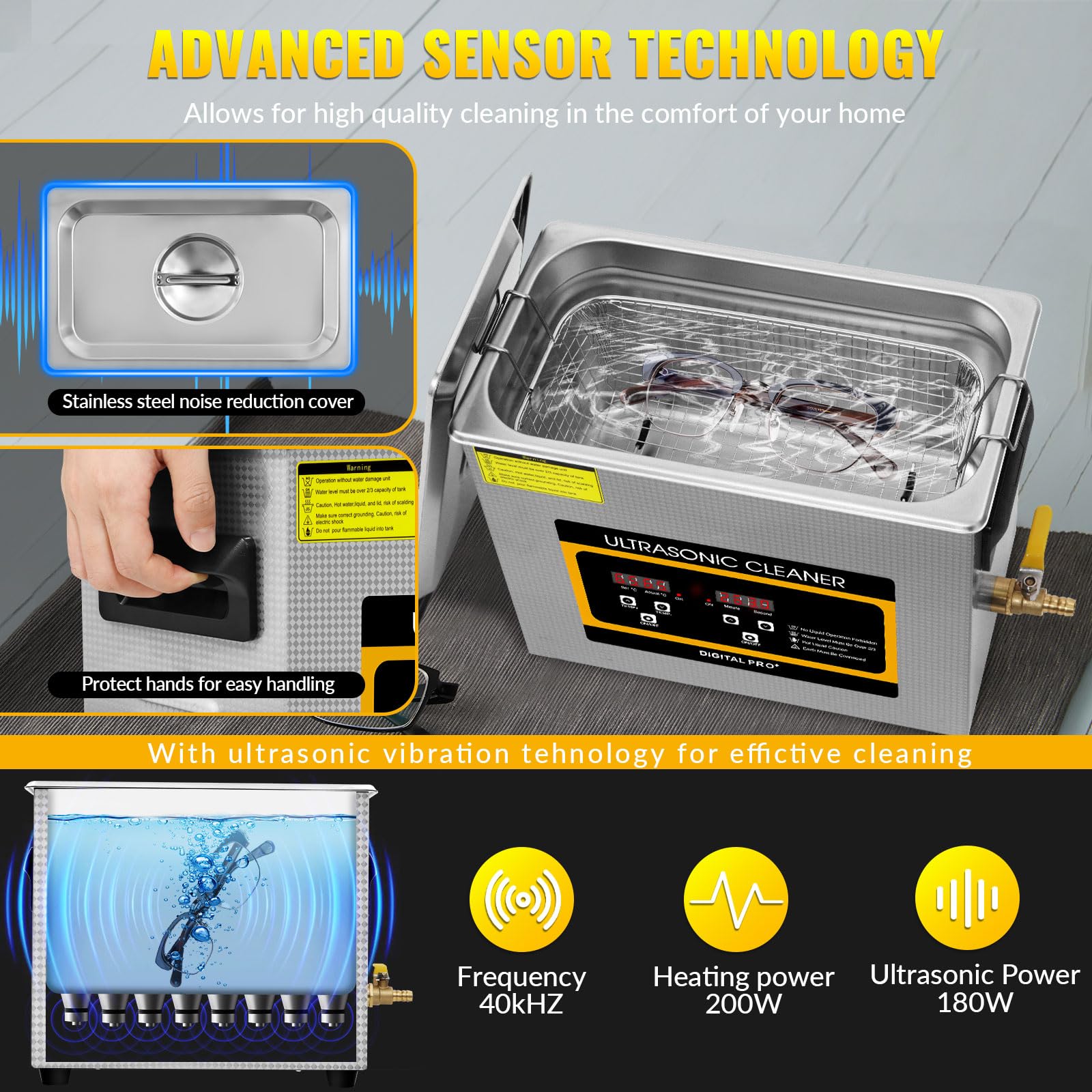 VELPAX 6.5L Ultraschallreinigungsgerät, Professioneller Edelstahl Ultraschallreiniger mit Heizung Timer ultraschallreiniger für Brillen, Uhren, Zahnersatz, Schmuck
